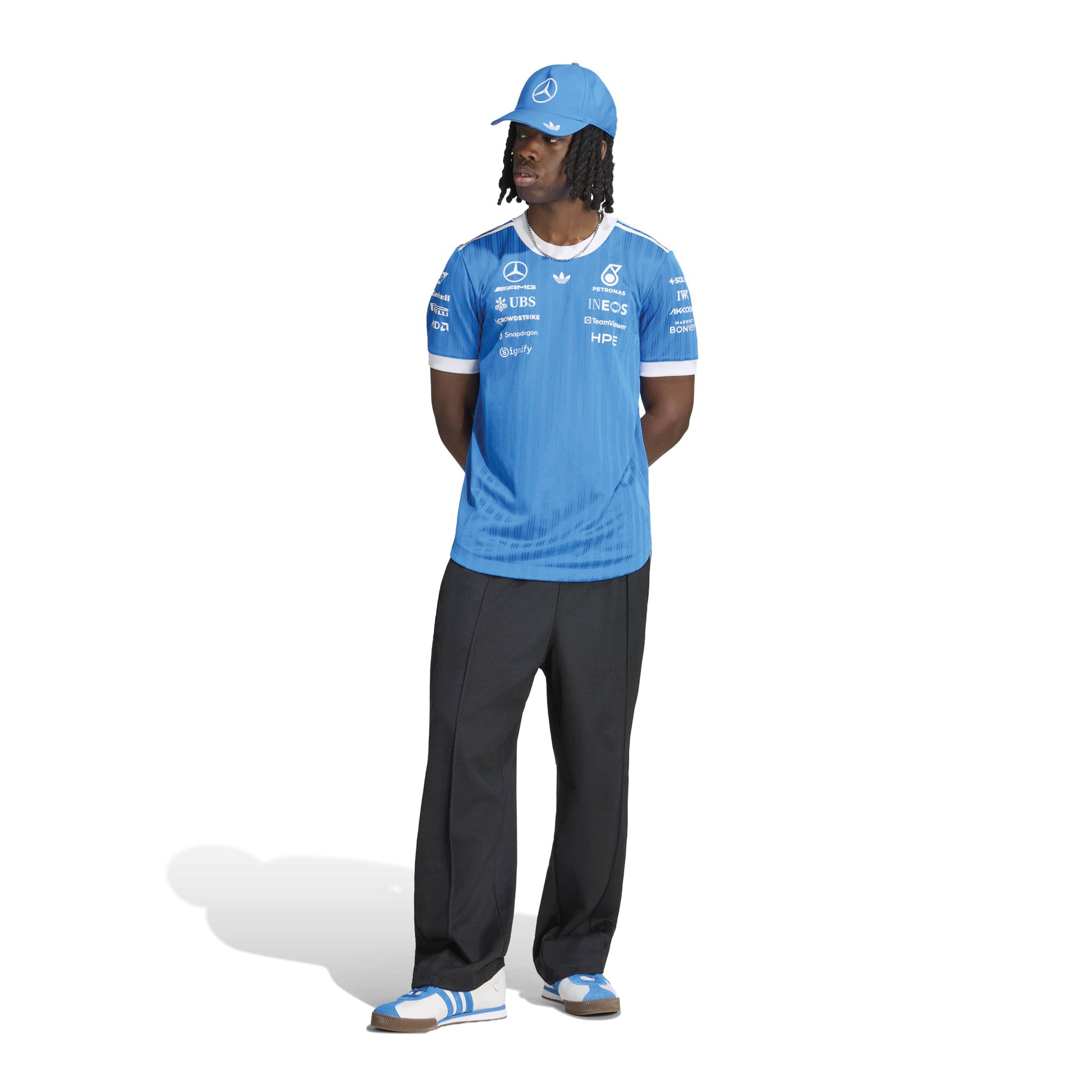 adidas Mercedes-AMG Petronas Formula One Team Blue Wonder Authentic Driver Jersey Blue White with official sponsor logos and lightweight performance fabric