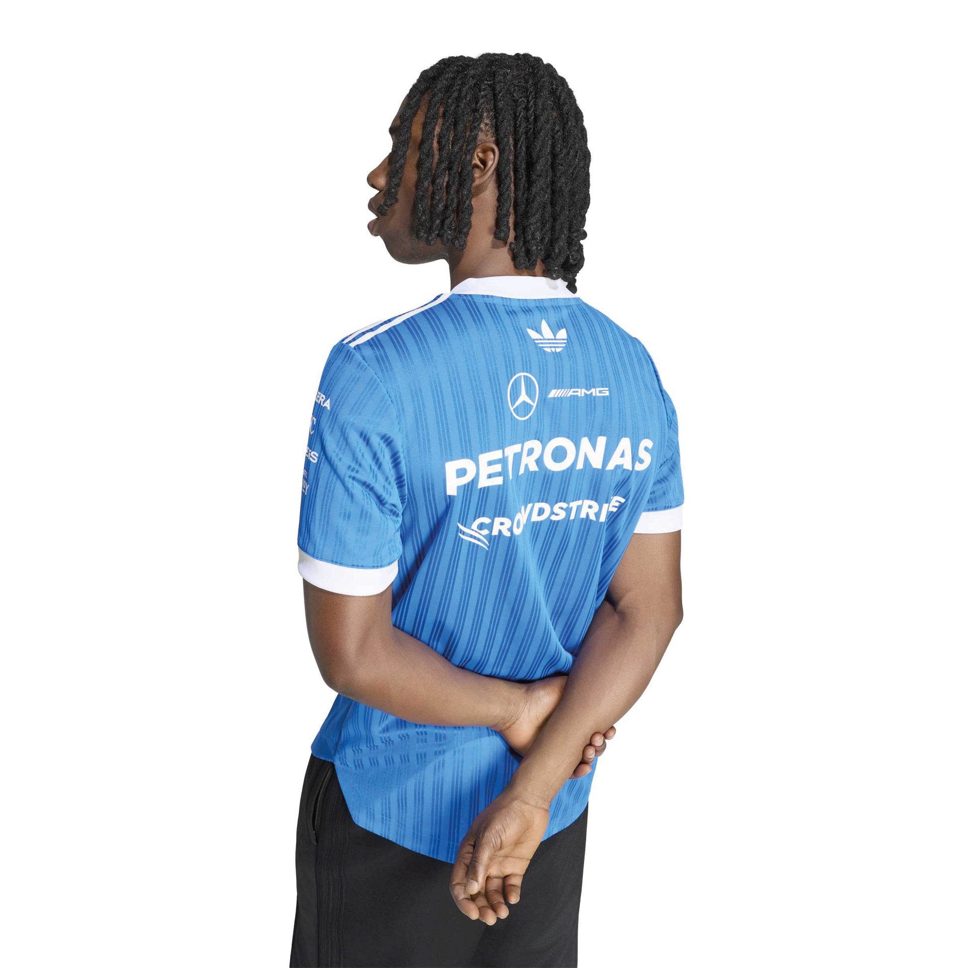 adidas Mercedes-AMG Petronas Formula One Team Blue Wonder Authentic Driver Jersey Blue White with official sponsor logos and lightweight performance fabric