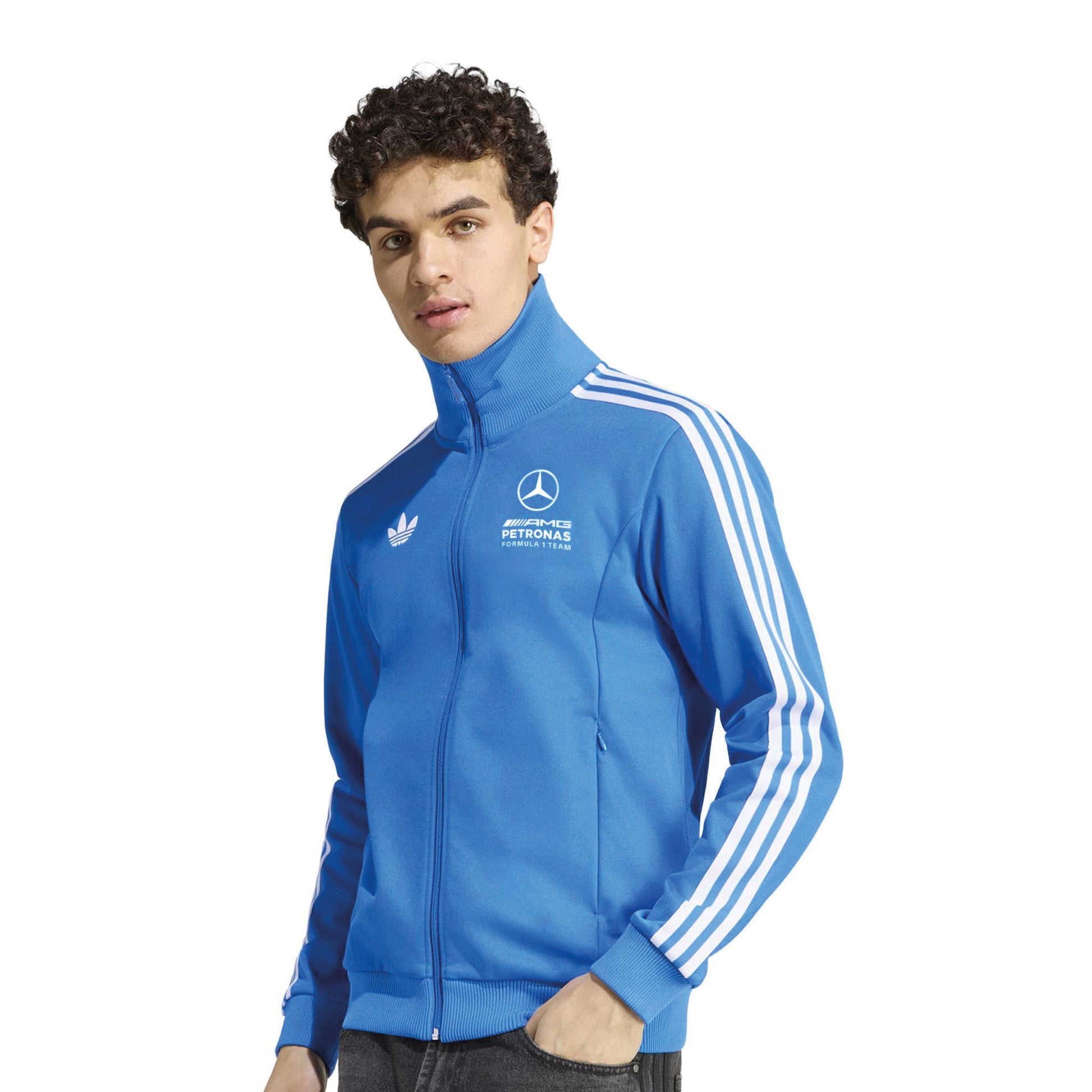 adidas Mercedes-AMG Petronas Formula One Team Blue Wonder Arrow Track Top Blue White with full zip adidas 3-Stripes and team branding