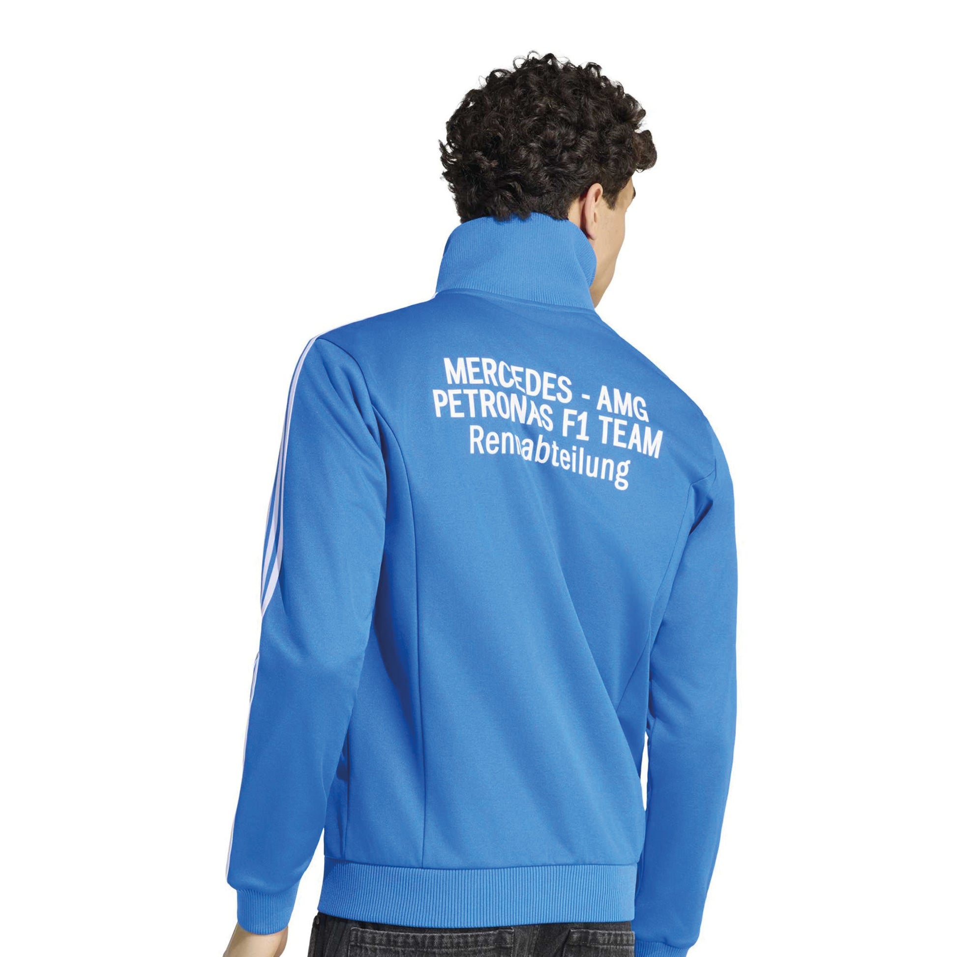 adidas Mercedes-AMG Petronas Formula One Team Blue Wonder Arrow Track Top Blue White with full zip adidas 3-Stripes and team branding