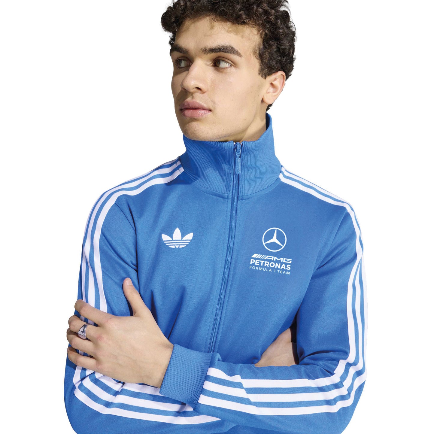 adidas Mercedes-AMG Petronas Formula One Team Blue Wonder Arrow Track Top Blue White with full zip adidas 3-Stripes and team branding
