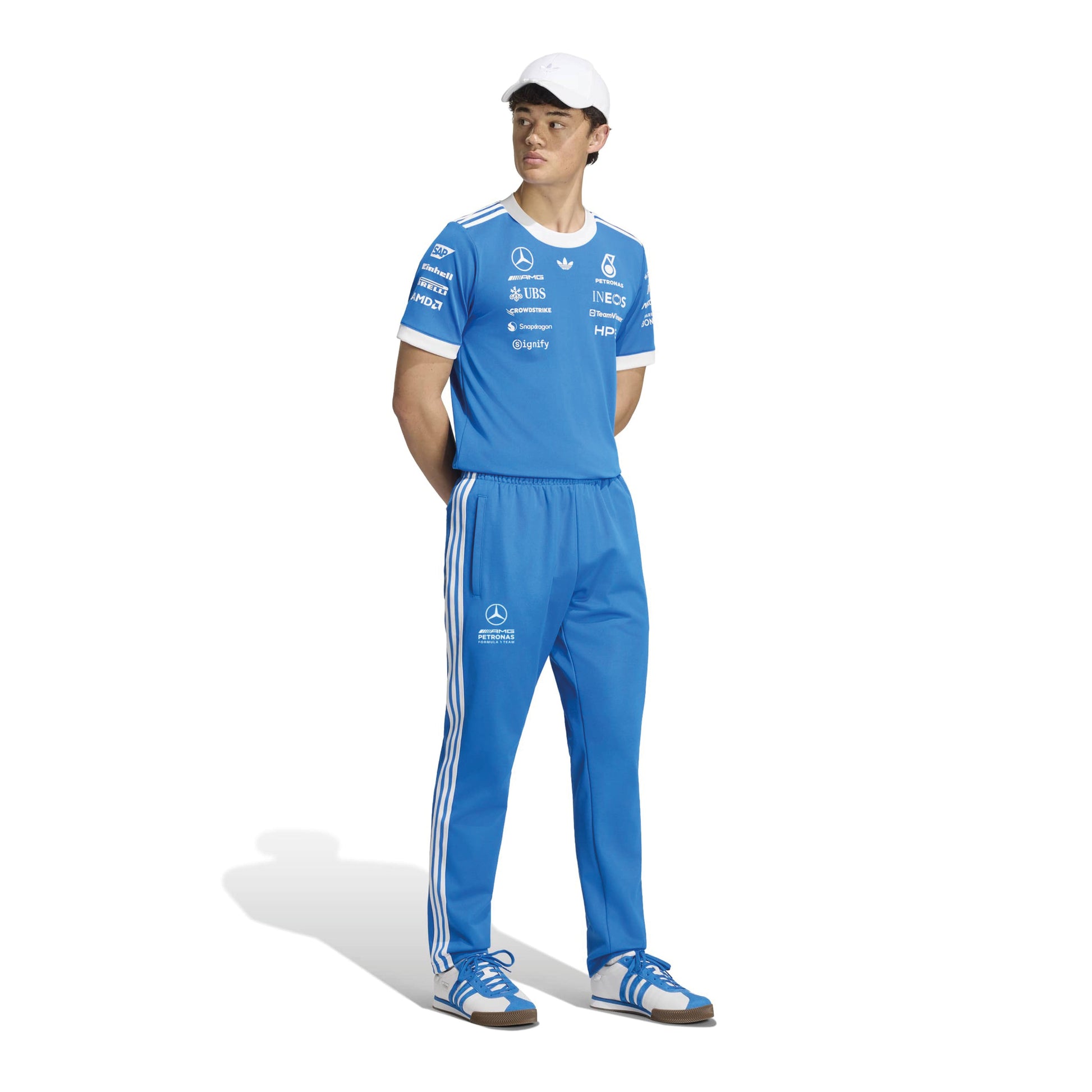 adidas Mercedes-AMG Petronas Formula One Team Blue Wonder Arrow Track Pants Blue White with team branding and adidas 3-Stripes