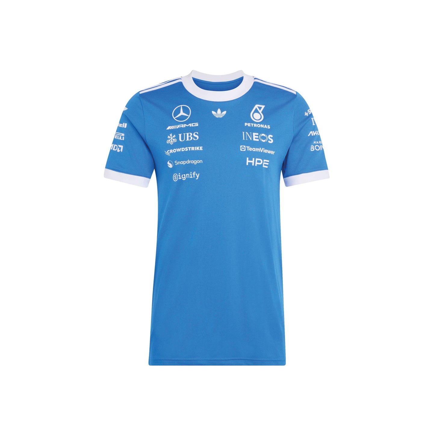adidas Mercedes-AMG Petronas Formula One Team Blue Wonder Driver Jersey Blue White with official sponsor logos and breathable performance fabric