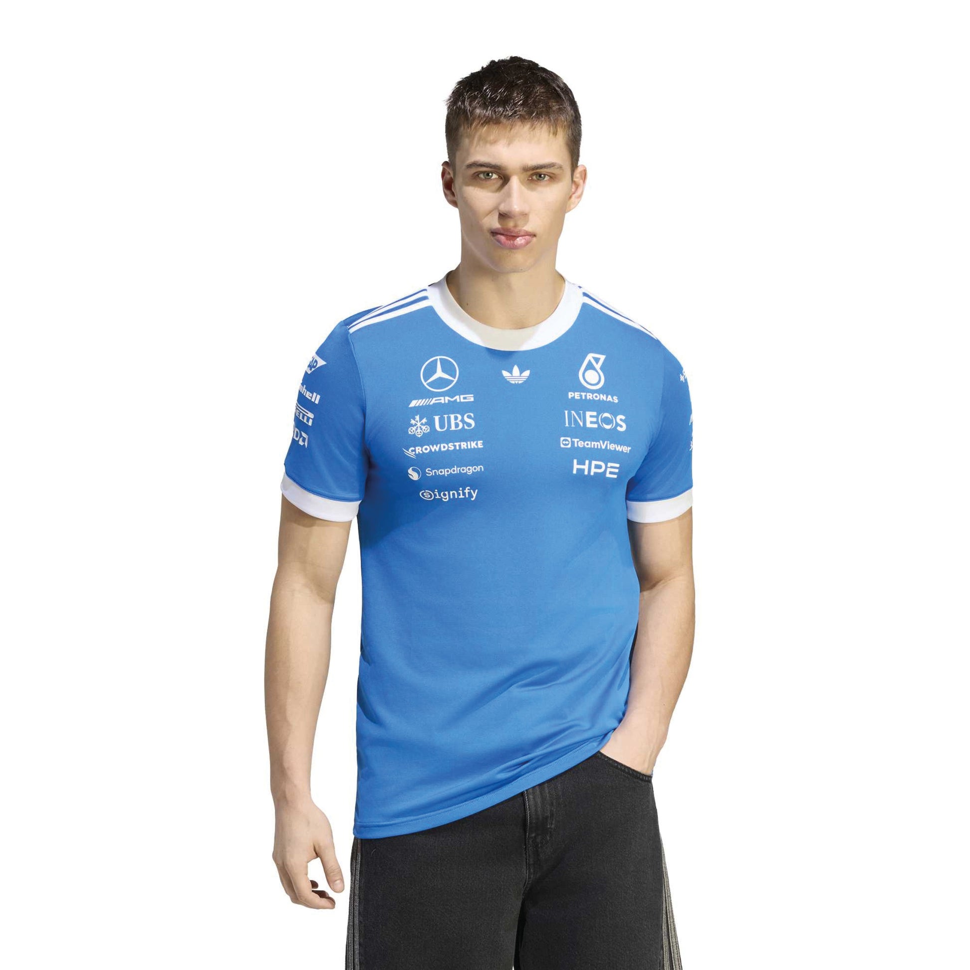 adidas Mercedes-AMG Petronas Formula One Team Blue Wonder Driver Jersey Blue White with official sponsor logos and breathable performance fabric