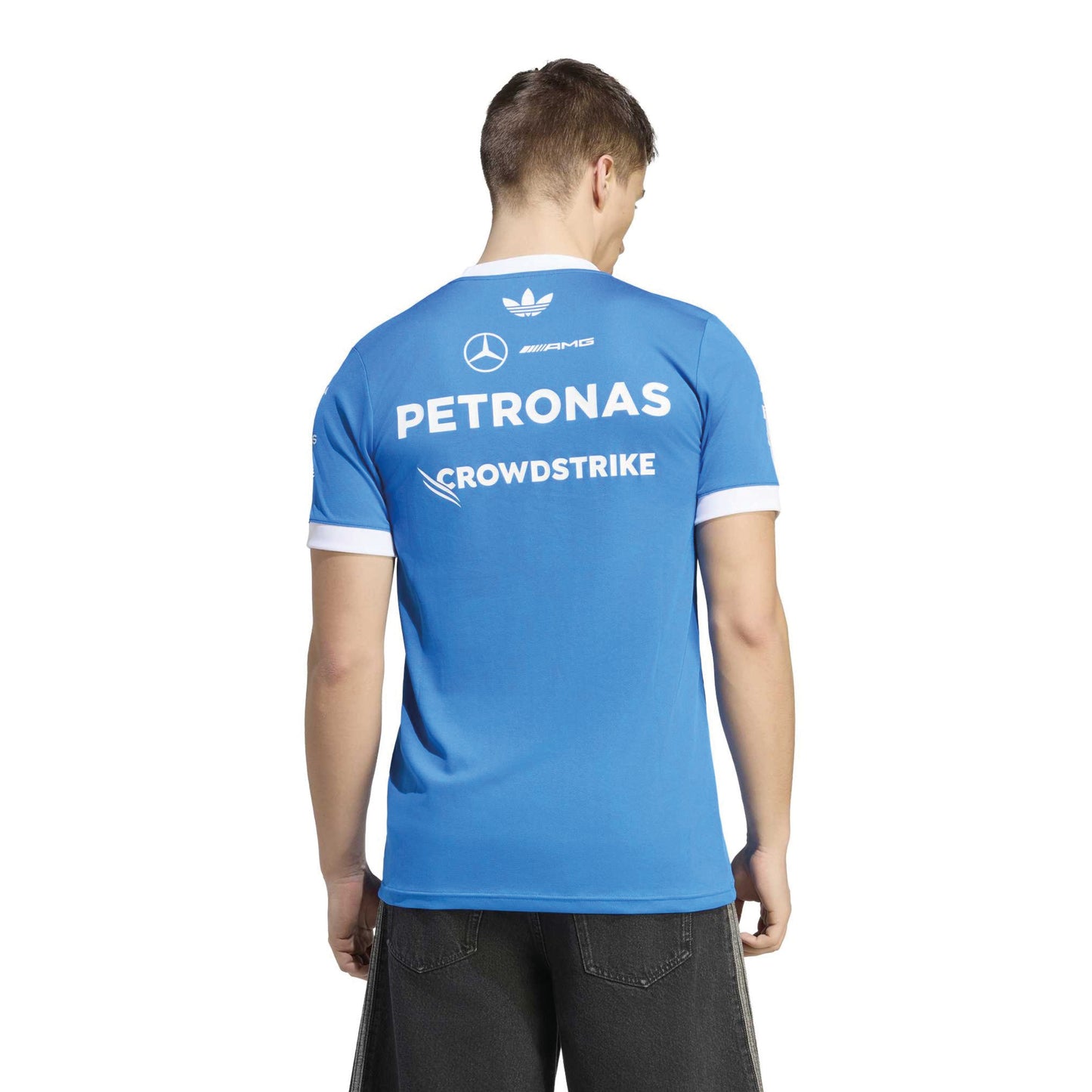adidas Mercedes-AMG Petronas Formula One Team Blue Wonder Driver Jersey Blue White with official sponsor logos and breathable performance fabric