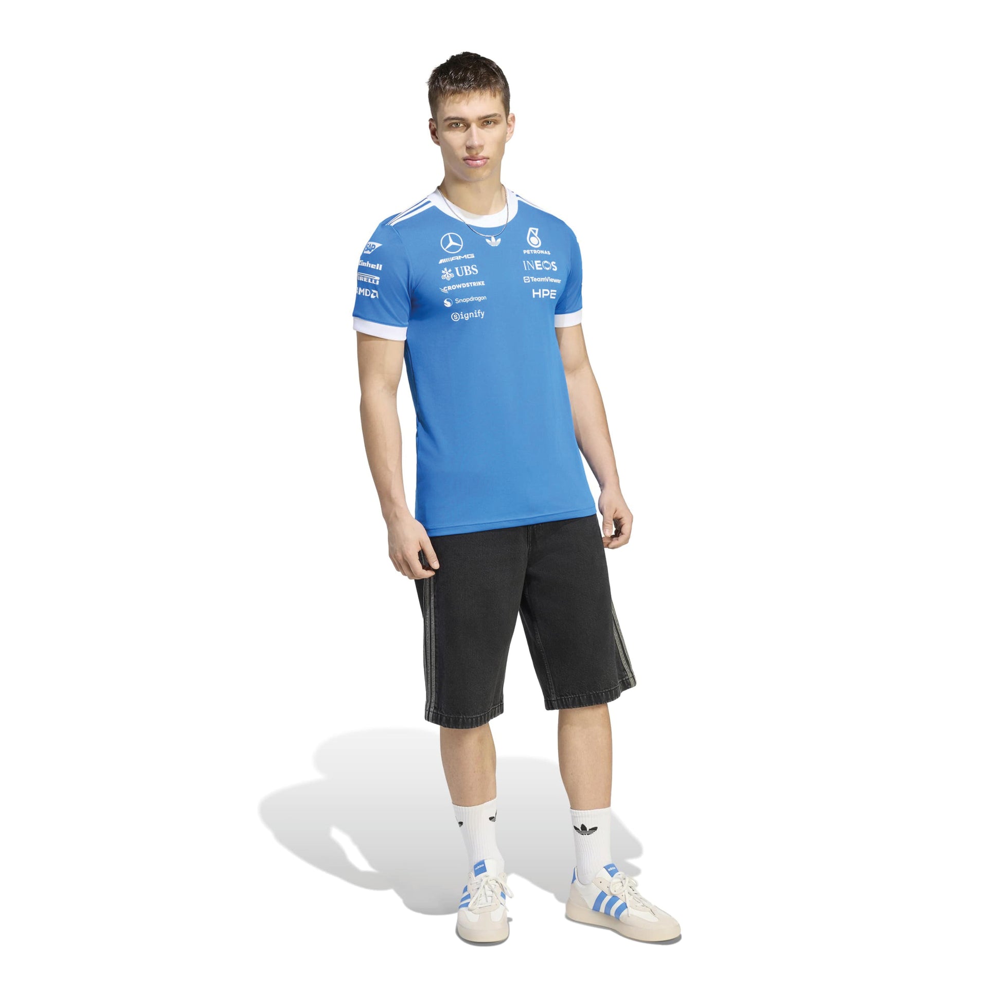 adidas Mercedes-AMG Petronas Formula One Team Blue Wonder Driver Jersey Blue White with official sponsor logos and breathable performance fabric