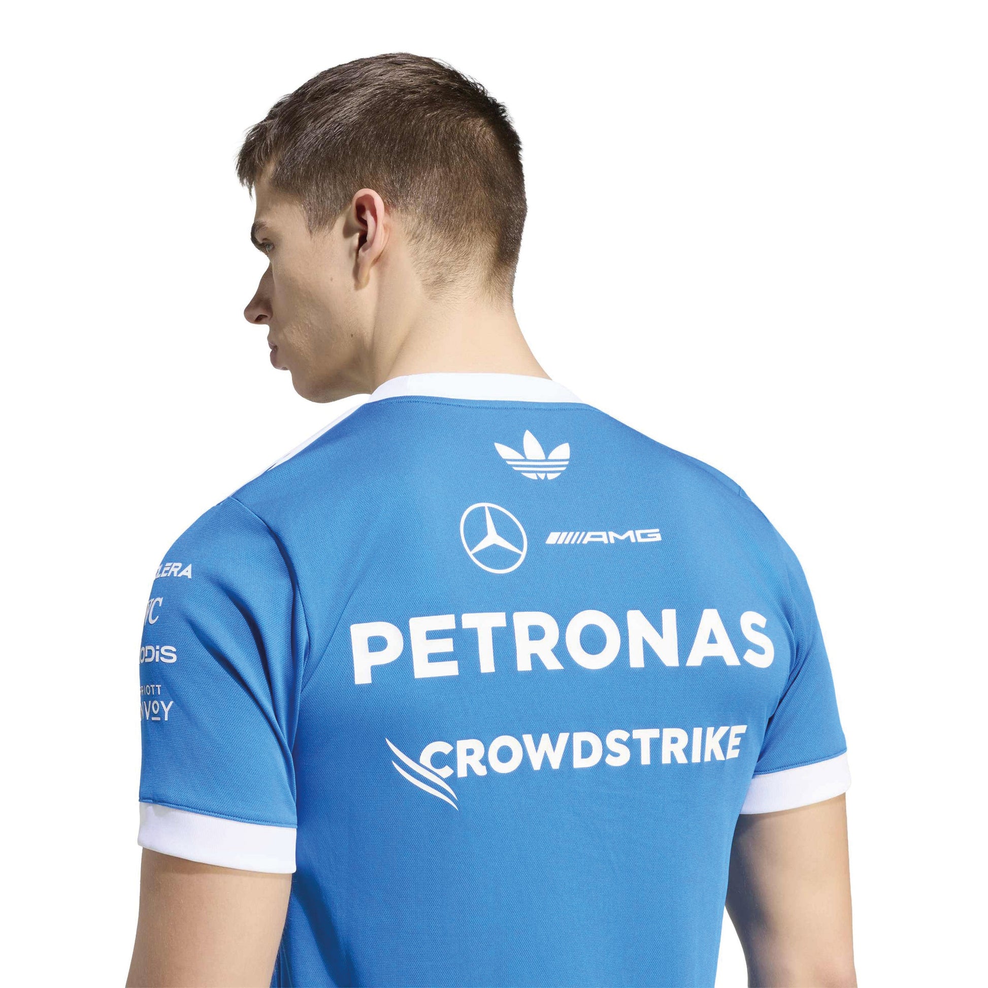 adidas Mercedes-AMG Petronas Formula One Team Blue Wonder Driver Jersey Blue White with official sponsor logos and breathable performance fabric