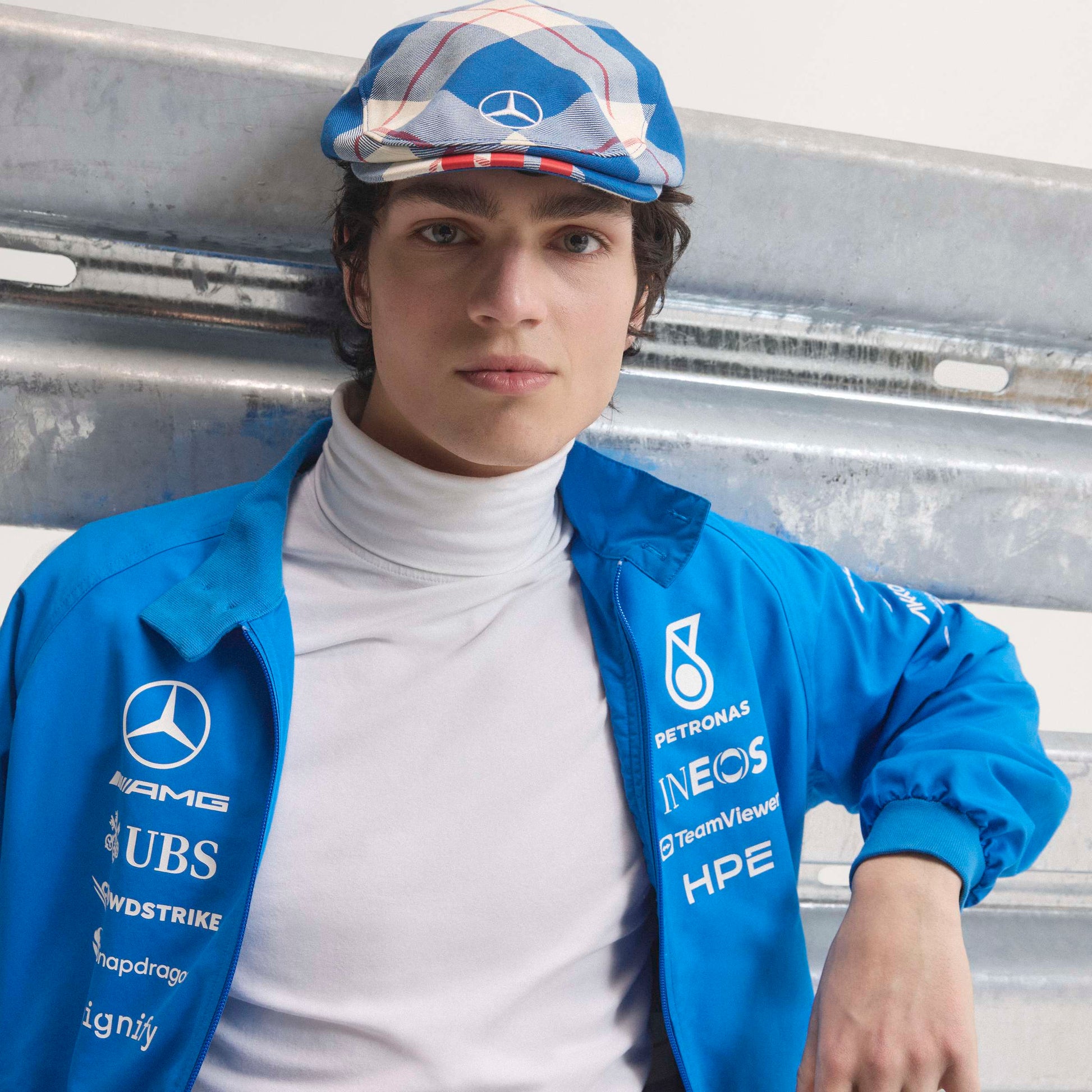 adidas Mercedes-AMG Petronas Formula One Team Blue Wonder Arrow Flat Cap Blue White plaid cap with Mercedes logo and classic flat cap design