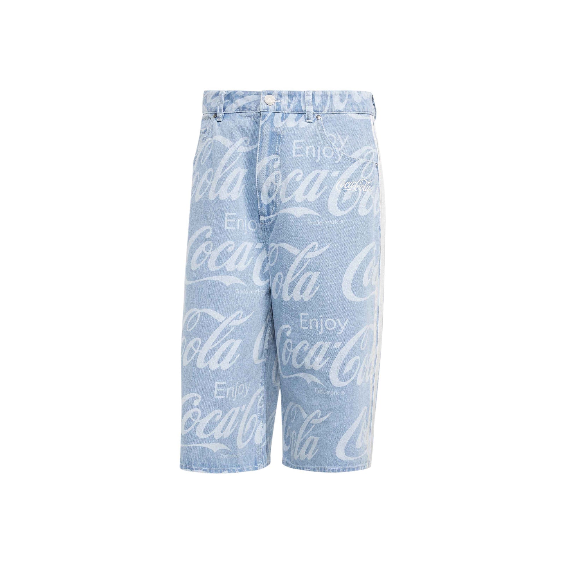adidas Originals x Coca-Cola Classic Sport Denim Shorts Indigo Blue relaxed fit denim shorts with all-over Coca-Cola logo print