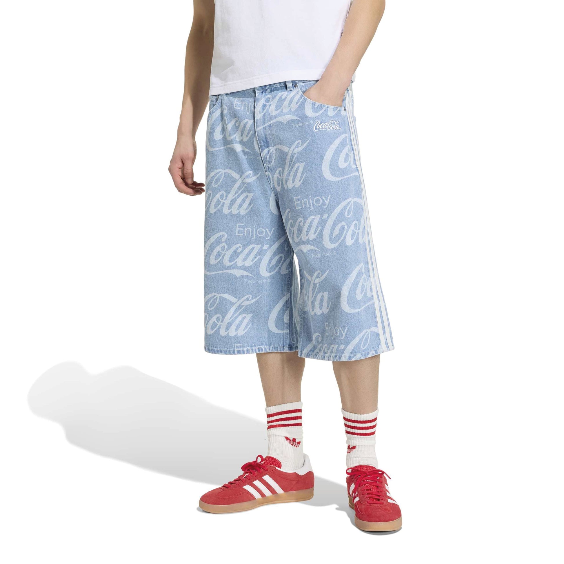 adidas Originals x Coca-Cola Classic Sport Denim Shorts Indigo Blue relaxed fit denim shorts with all-over Coca-Cola logo print
