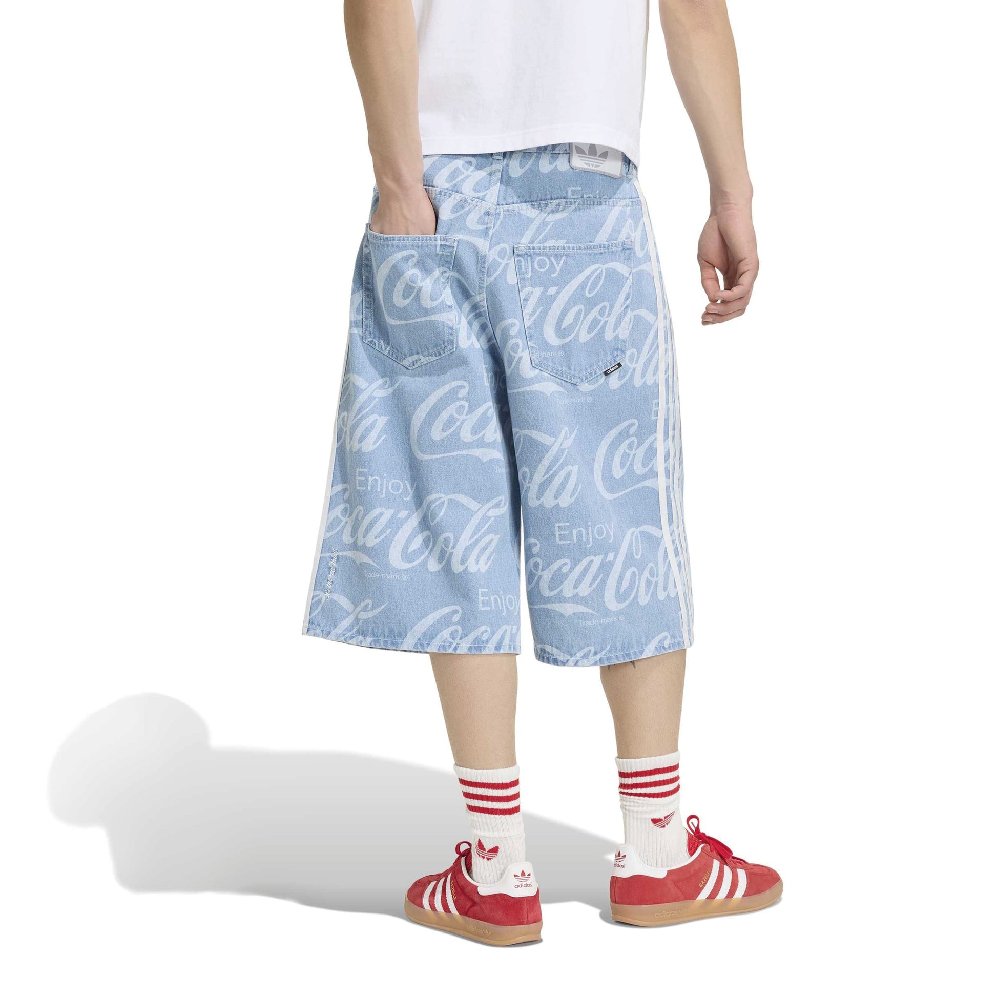 adidas Originals x Coca-Cola Classic Sport Denim Shorts Indigo Blue relaxed fit denim shorts with all-over Coca-Cola logo print
