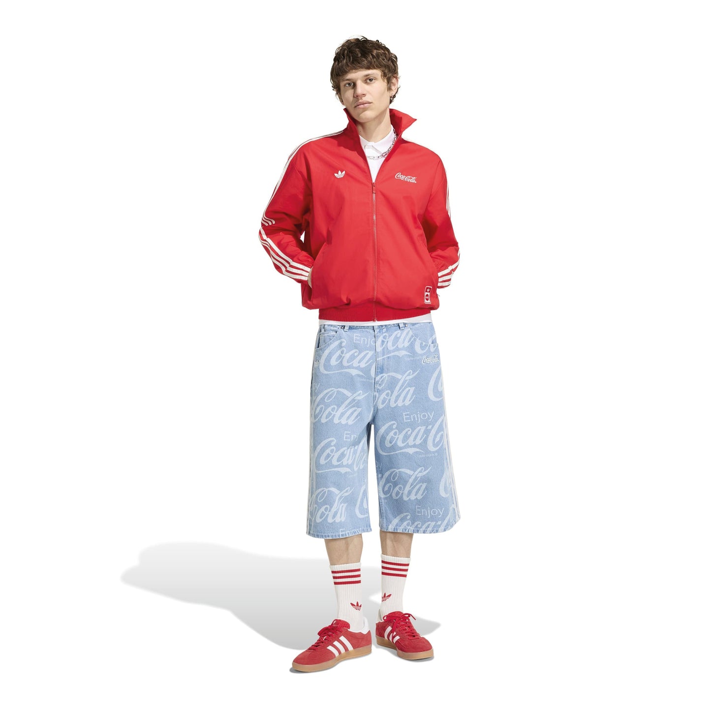 adidas Originals x Coca-Cola Classic Sport Denim Shorts Indigo Blue relaxed fit denim shorts with all-over Coca-Cola logo print