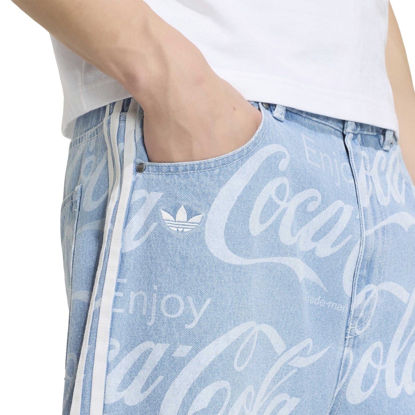 adidas Originals x Coca-Cola Classic Sport Denim Shorts Indigo Blue relaxed fit denim shorts with all-over Coca-Cola logo print