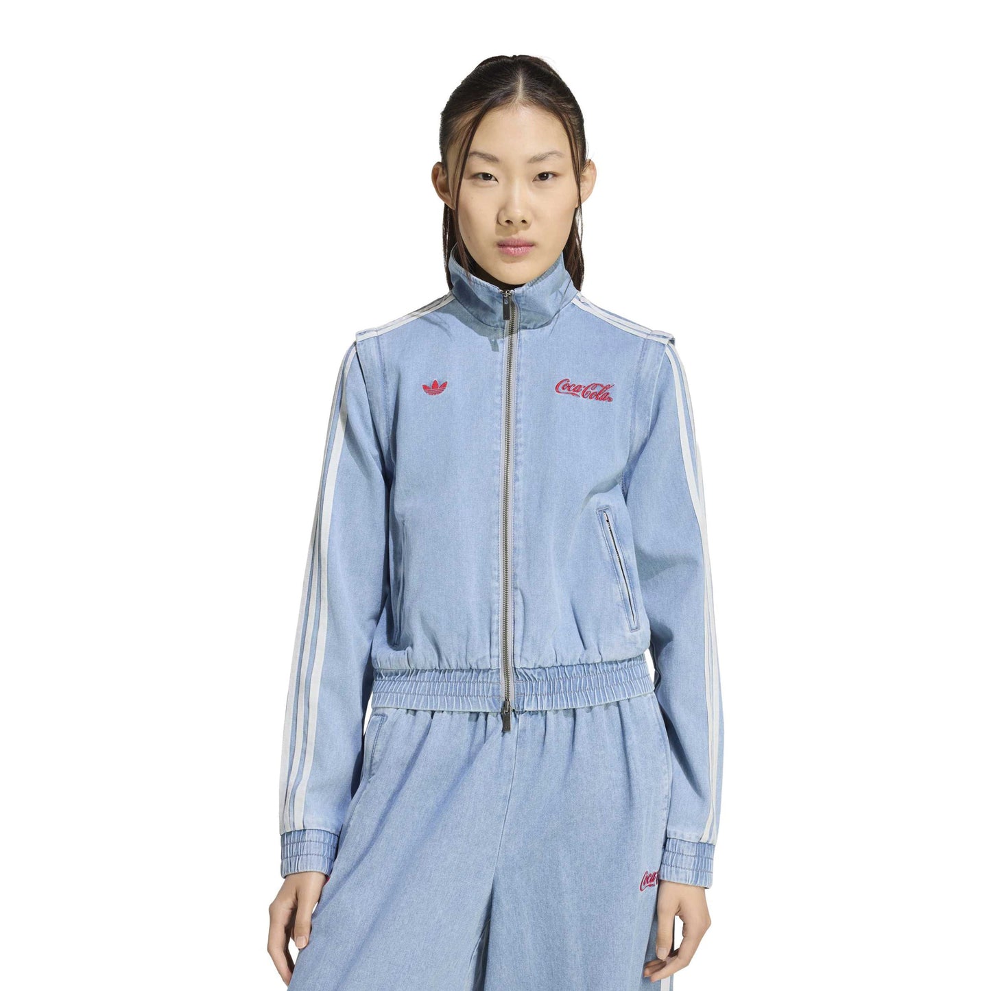 adidas Originals x Coca-Cola Firebird Regular Track Top Indigo Blue women's cropped track jacket with embroidered logos and back graphic