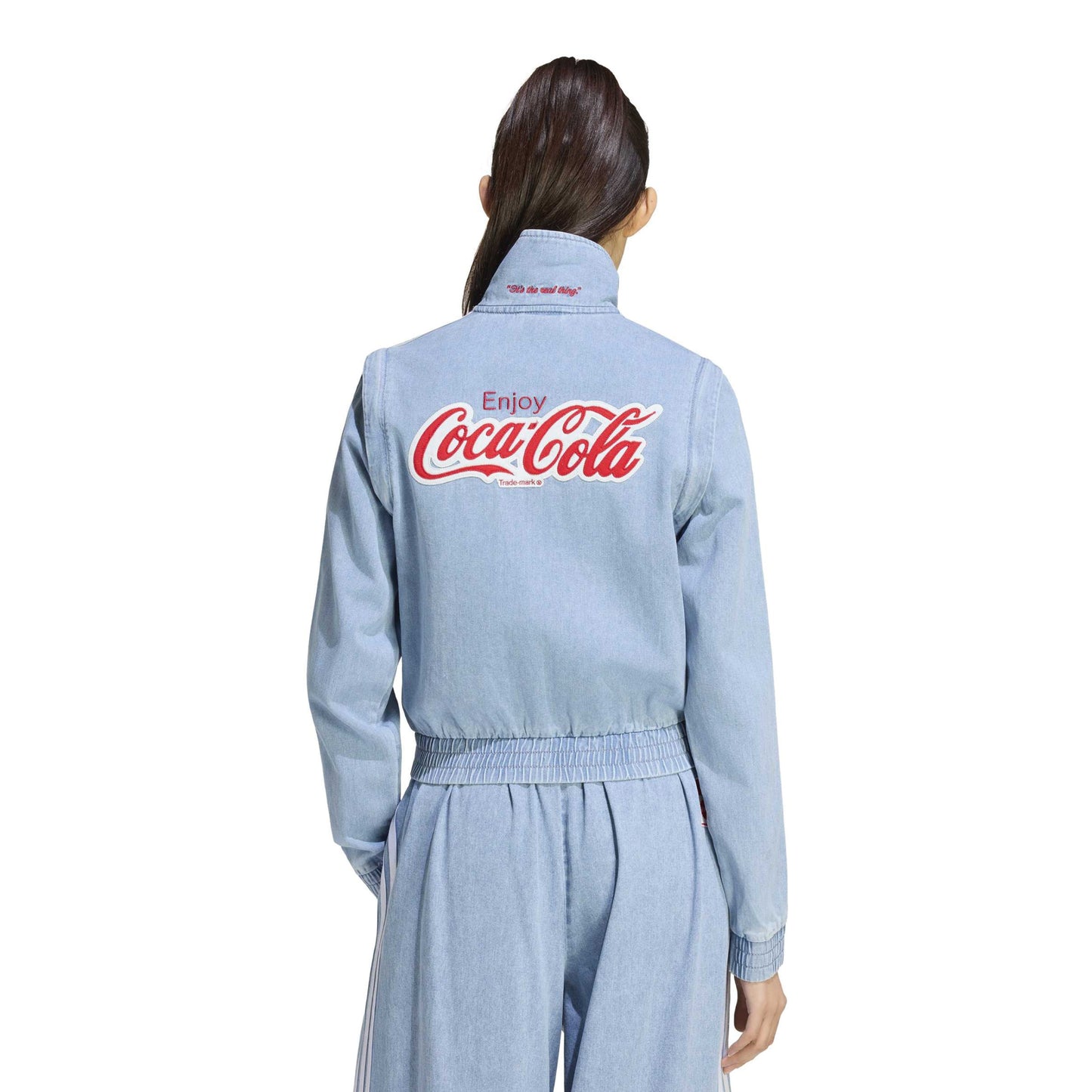 adidas Originals x Coca-Cola Firebird Regular Track Top Indigo Blue women's cropped track jacket with embroidered logos and back graphic