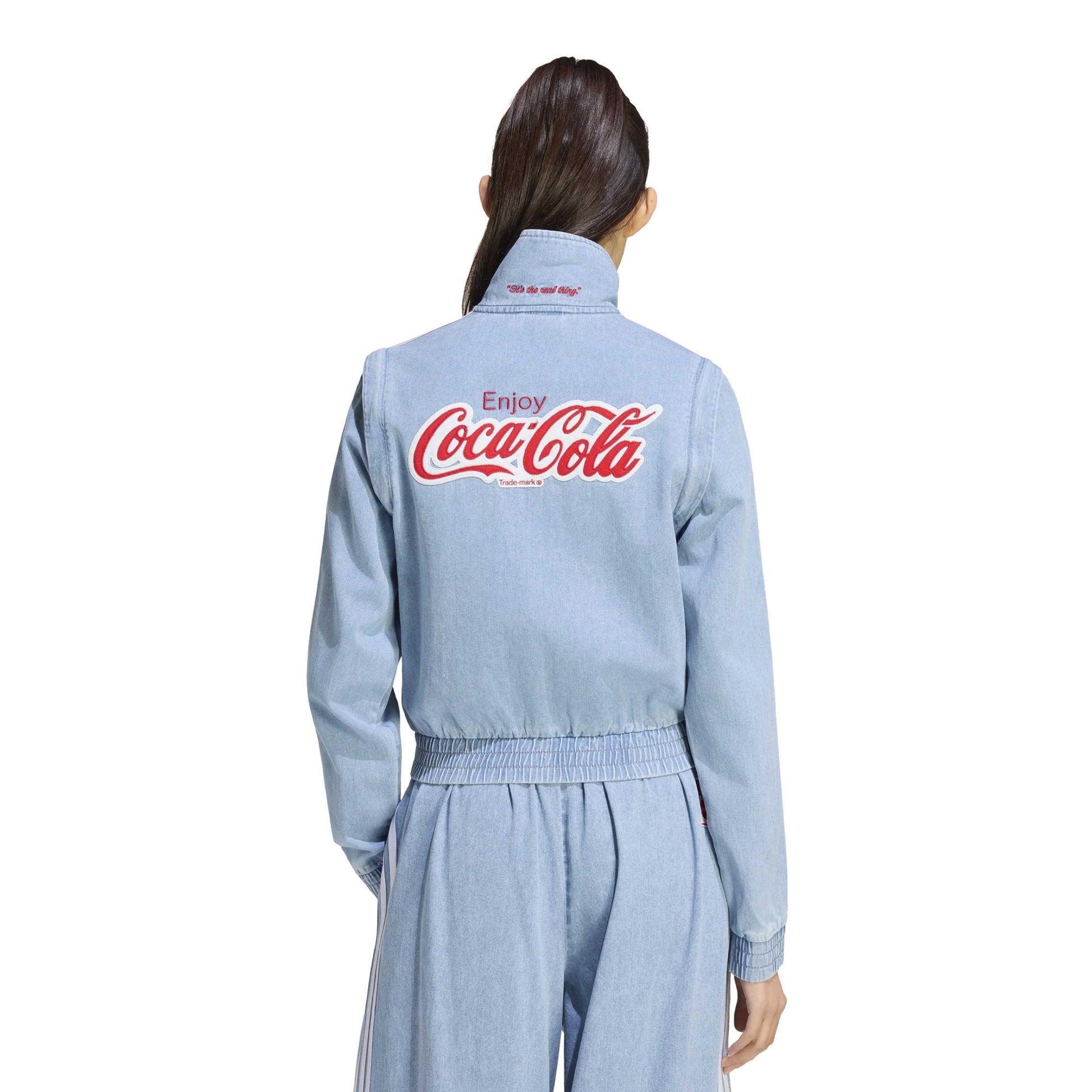 adidas Originals x Coca-Cola Firebird Regular Track Top Indigo Blue women's cropped track jacket with embroidered logos and back graphic