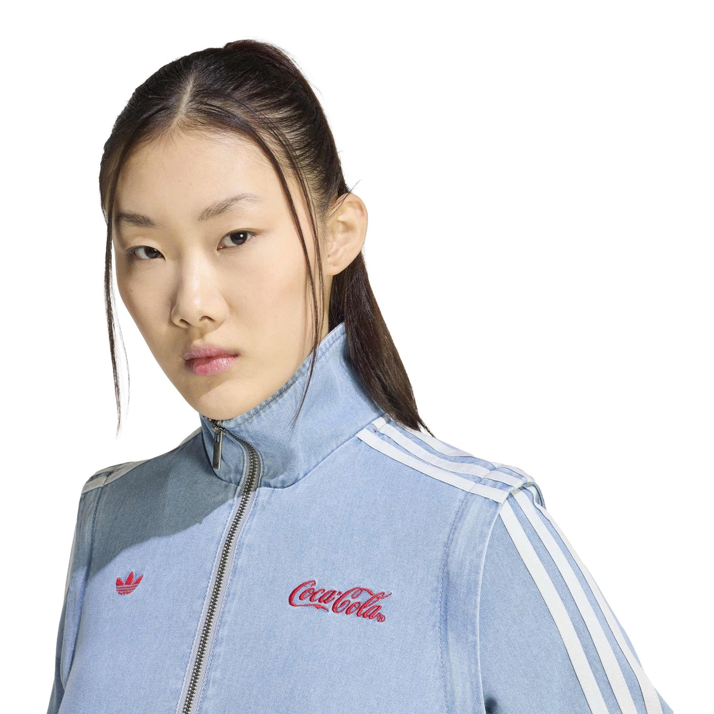 adidas Originals x Coca-Cola Firebird Regular Track Top Indigo Blue women's cropped track jacket with embroidered logos and back graphic