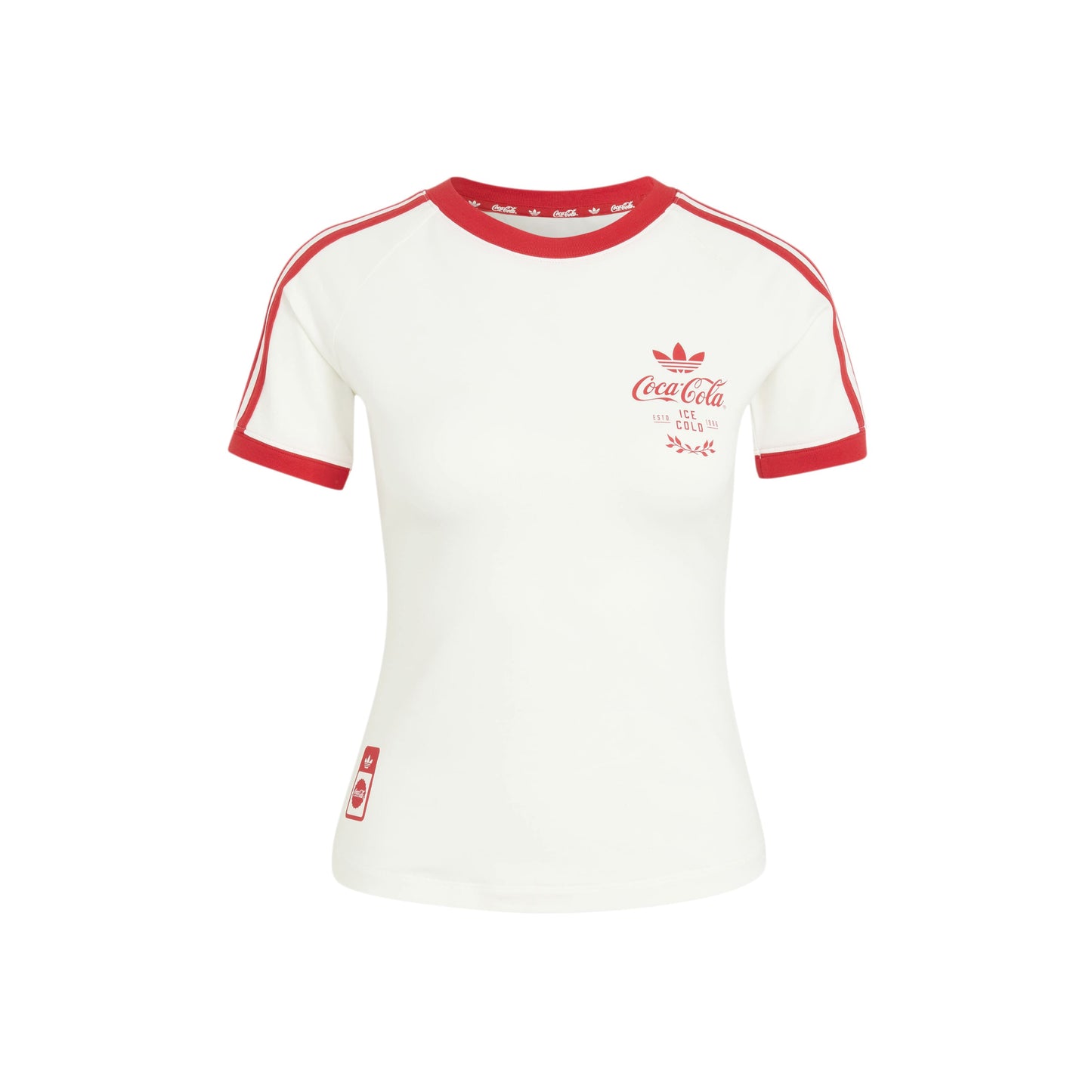 adidas Originals x Coca-Cola 3-Stripes T-Shirt White women's fitted graphic tee with Coca-Cola branding and adidas Originals details