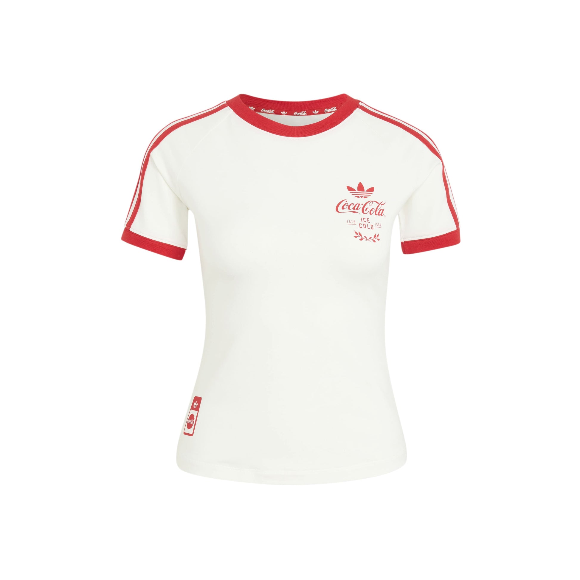 adidas Originals x Coca-Cola 3-Stripes T-Shirt White women's fitted graphic tee with Coca-Cola branding and adidas Originals details