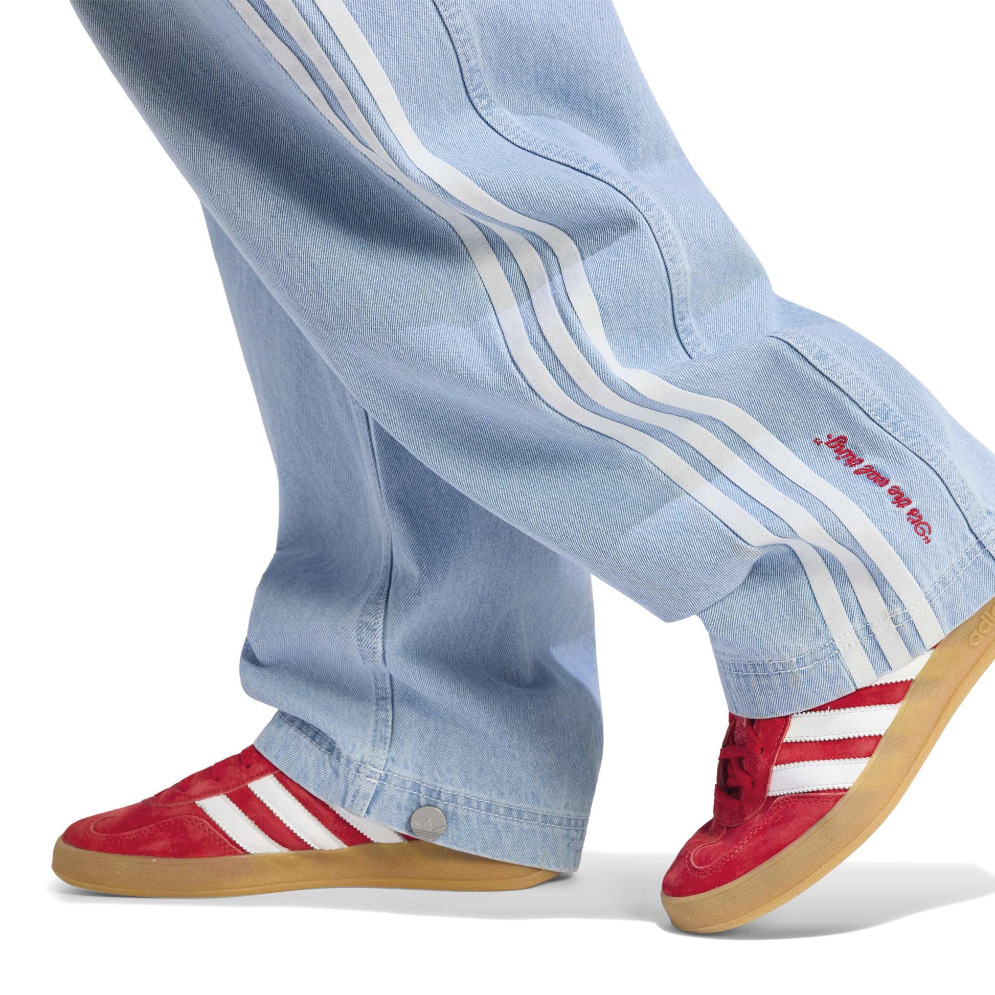 adidas Originals x Coca-Cola GFX Banana Pants Indigo Blue wide leg denim jeans with Coca-Cola graphic and adidas 3-Stripes