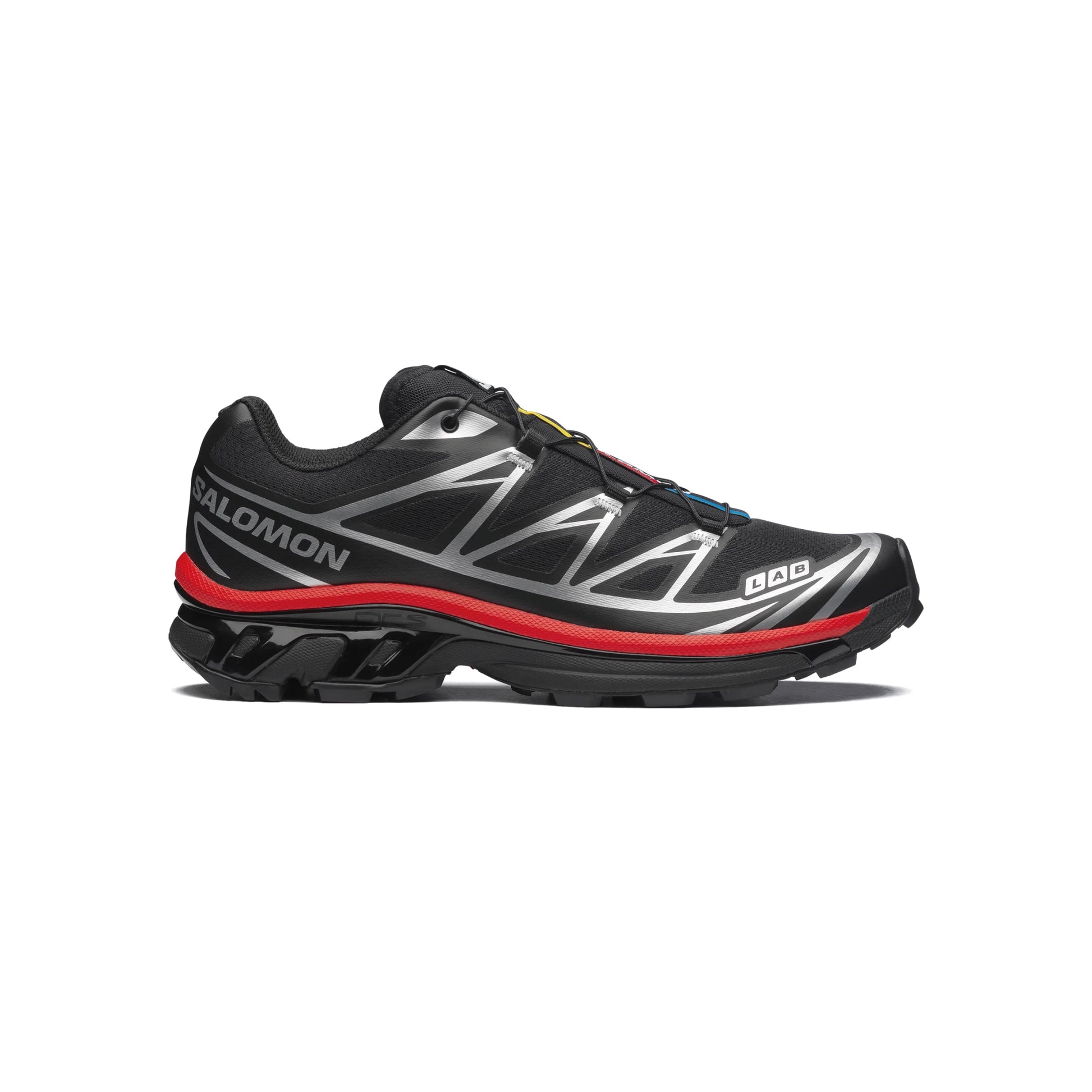 Salomon XT-6 Black Fiery Red Silver trail running shoe with Quicklace system breathable mesh upper and Contagrip outsole