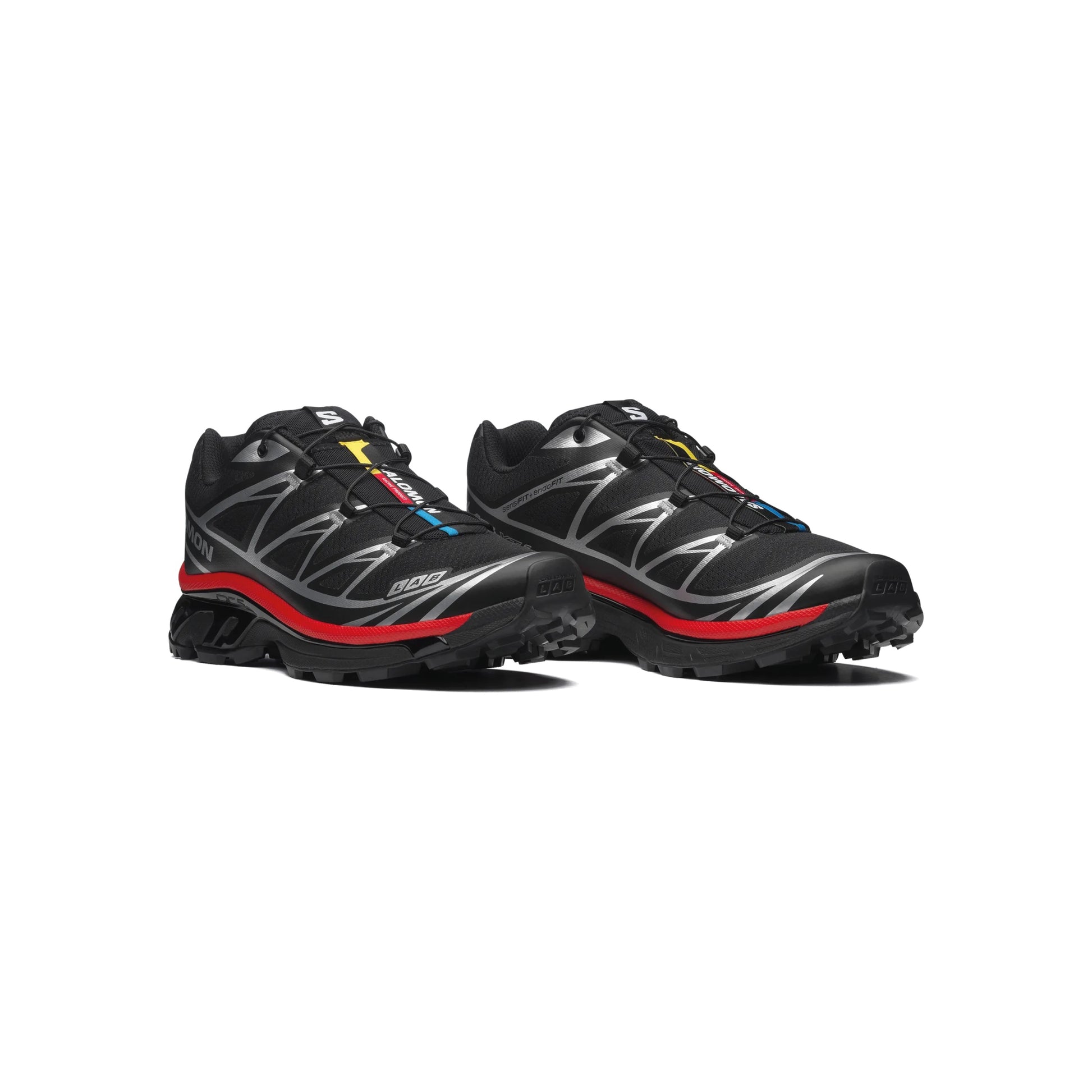 Salomon XT-6 Black Fiery Red Silver trail running shoe with Quicklace system breathable mesh upper and Contagrip outsole