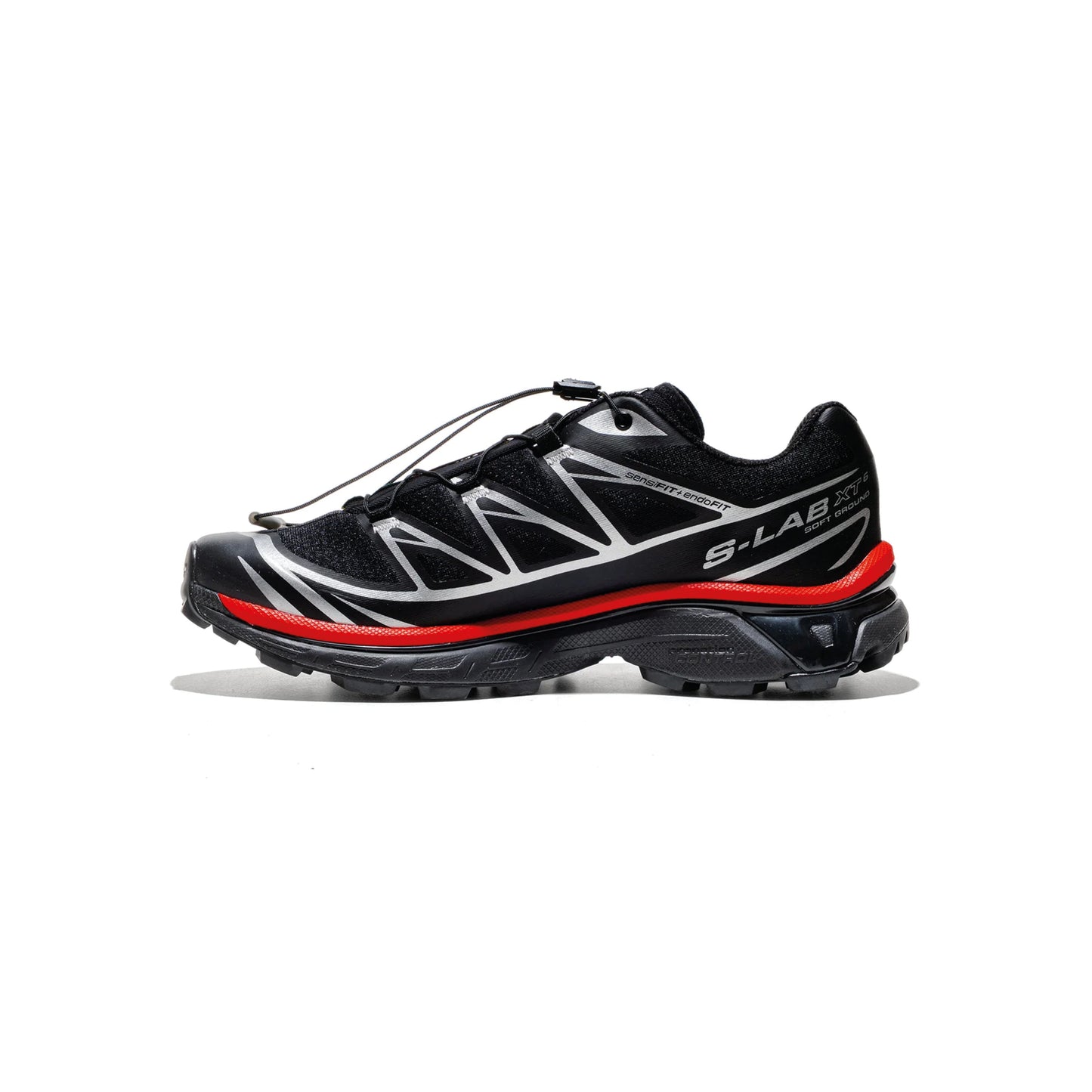 Salomon XT-6 Black Fiery Red Silver trail running shoe with Quicklace system breathable mesh upper and Contagrip outsole