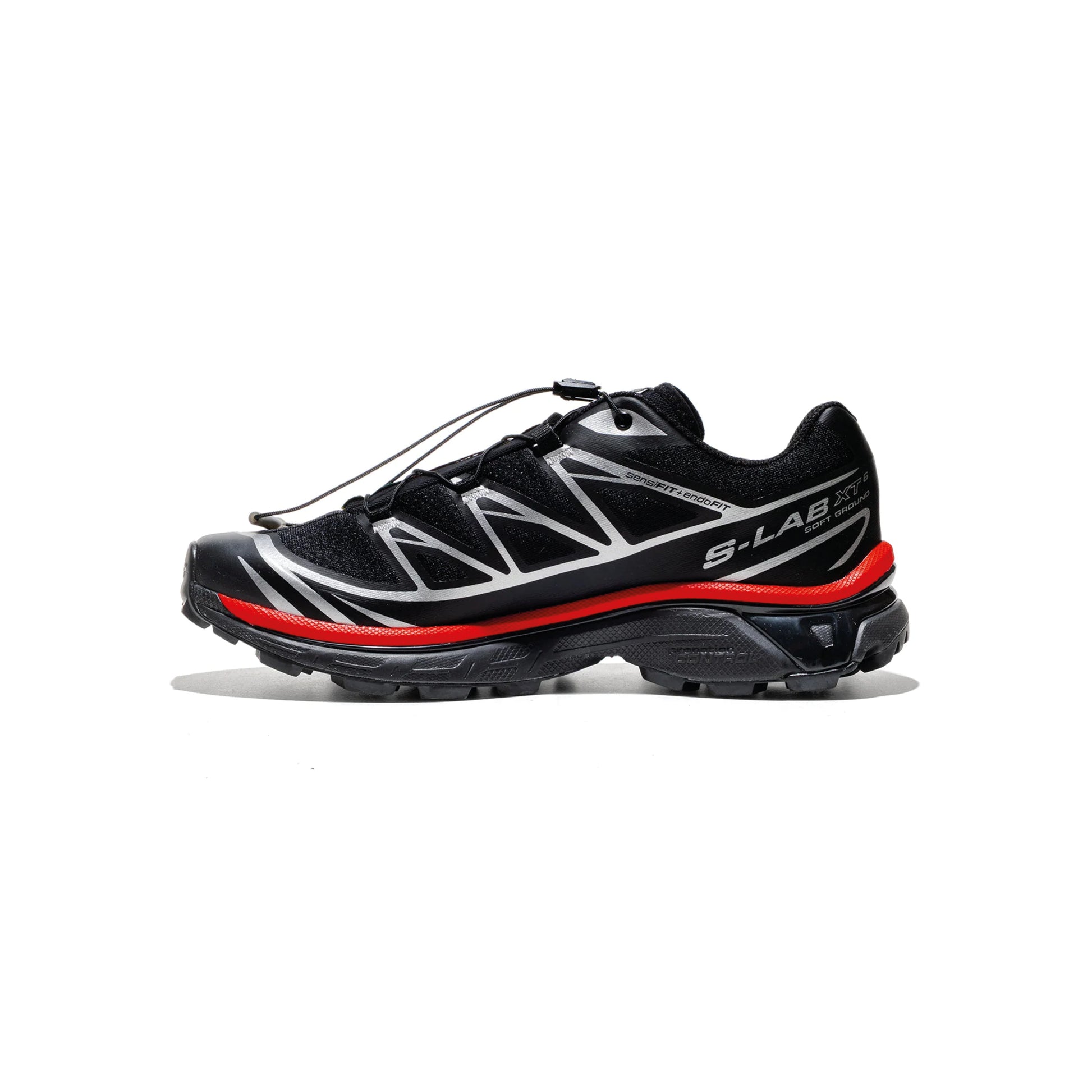 Salomon XT-6 Black Fiery Red Silver trail running shoe with Quicklace system breathable mesh upper and Contagrip outsole