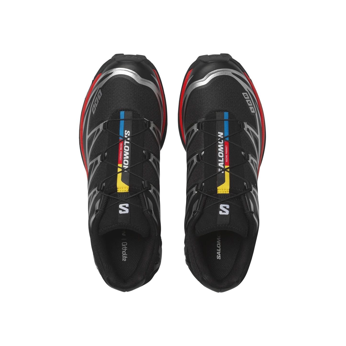 Salomon XT-6 Black Fiery Red Silver trail running shoe with Quicklace system breathable mesh upper and Contagrip outsole