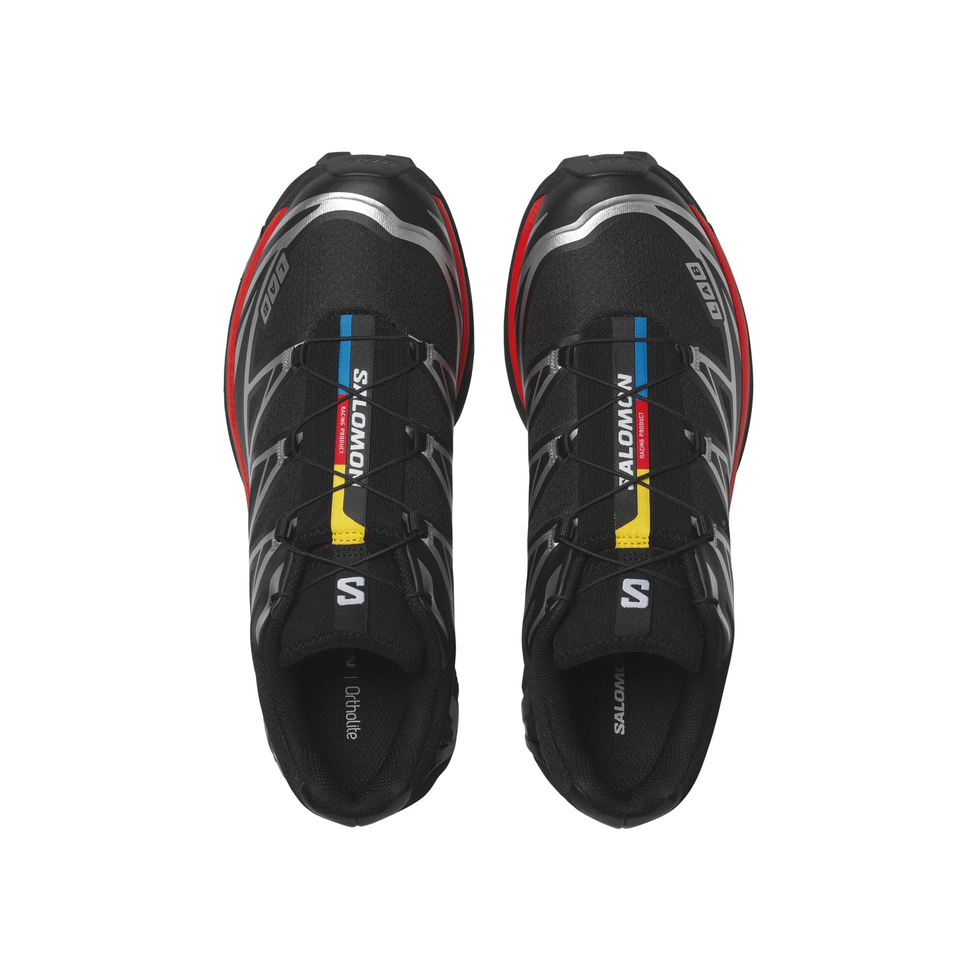 Salomon XT-6 Black Fiery Red Silver trail running shoe with Quicklace system breathable mesh upper and Contagrip outsole