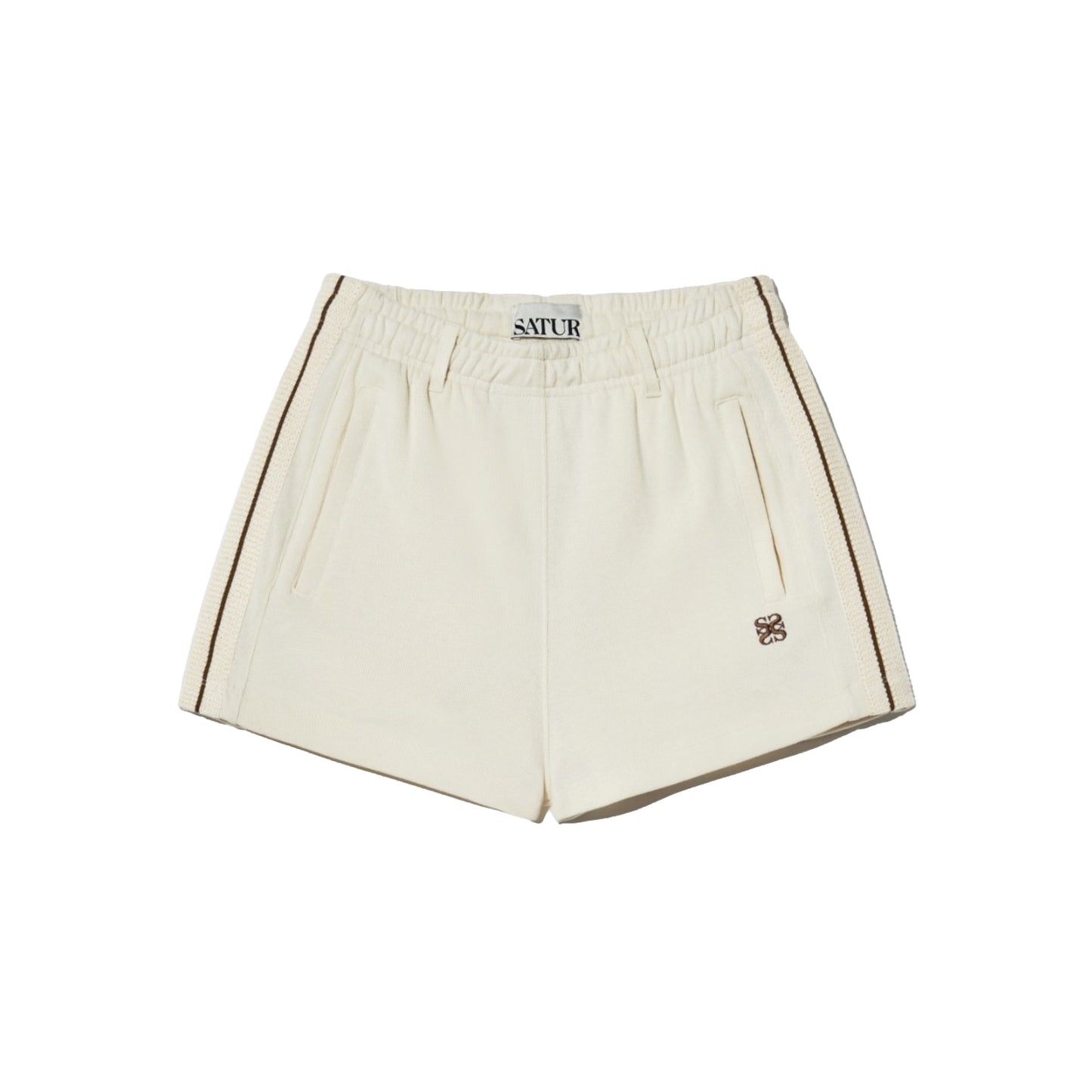 SATUR Lawton All Day Track Shorts Cream womens lightweight shorts elastic waistband side pockets embroidered logo casual apparel
