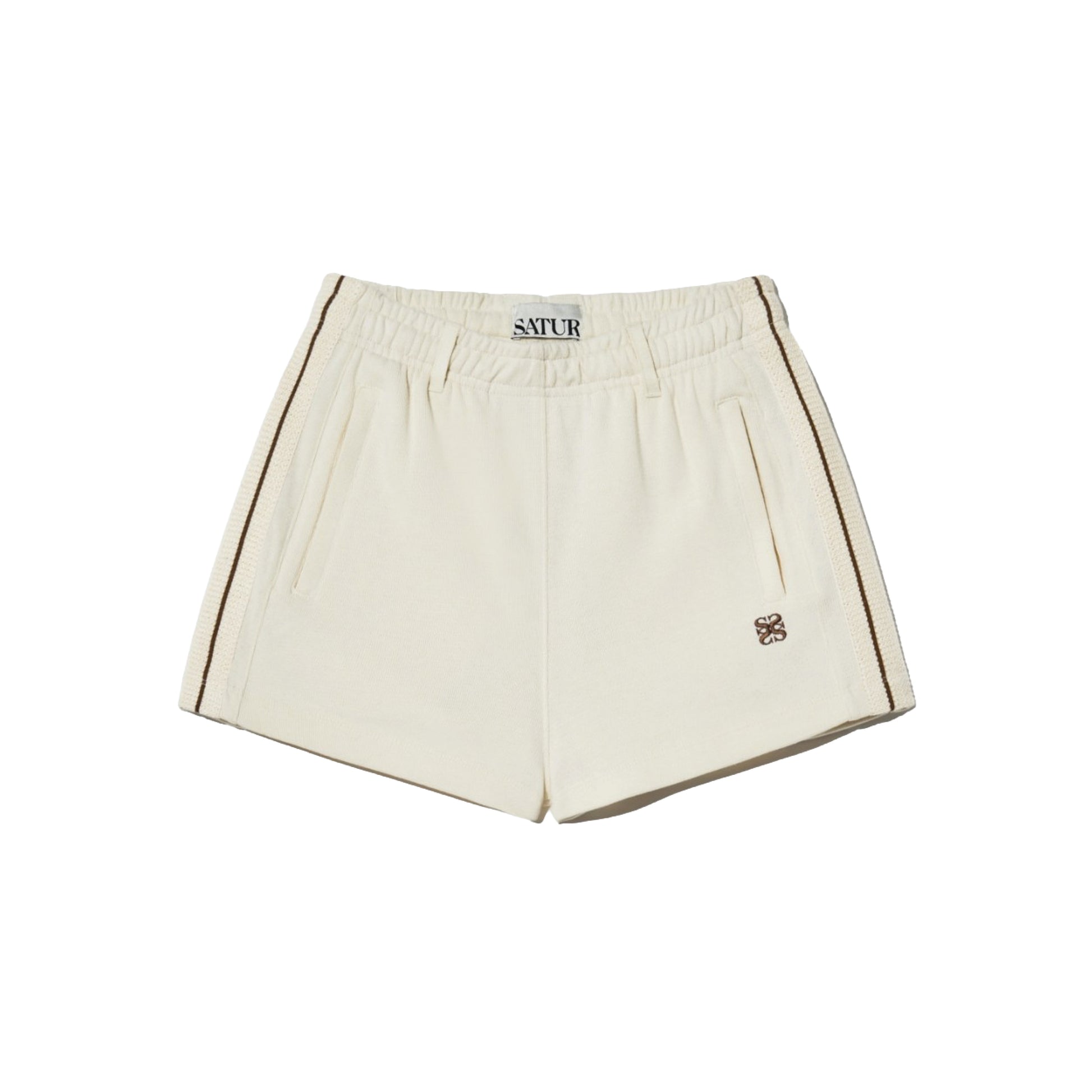SATUR Lawton All Day Track Shorts Cream womens lightweight shorts elastic waistband side pockets embroidered logo casual apparel