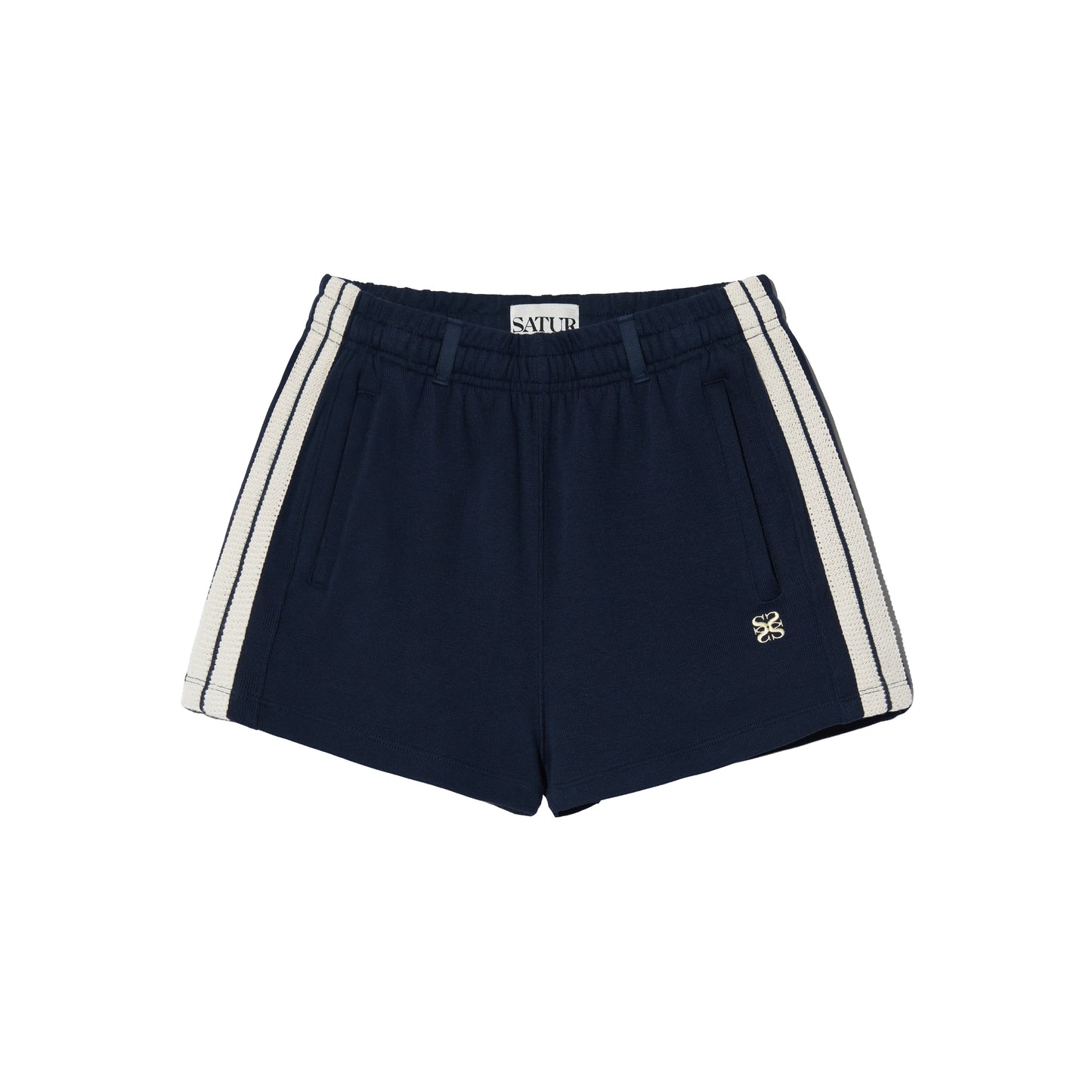 SATUR Lawton All Day Track Shorts Navy womens lightweight shorts elastic waistband side pockets embroidered logo casual apparel
