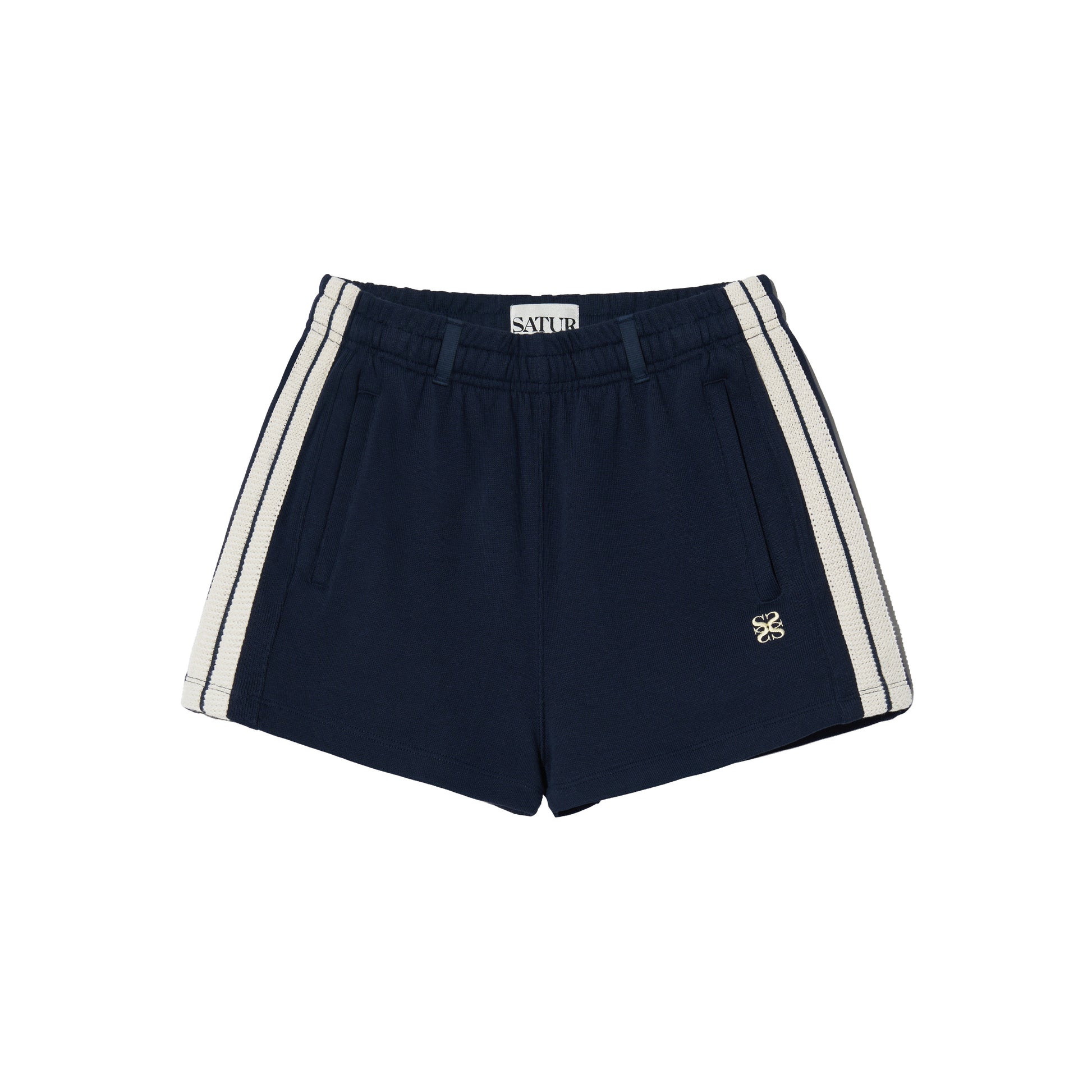 SATUR Lawton All Day Track Shorts Navy womens lightweight shorts elastic waistband side pockets embroidered logo casual apparel