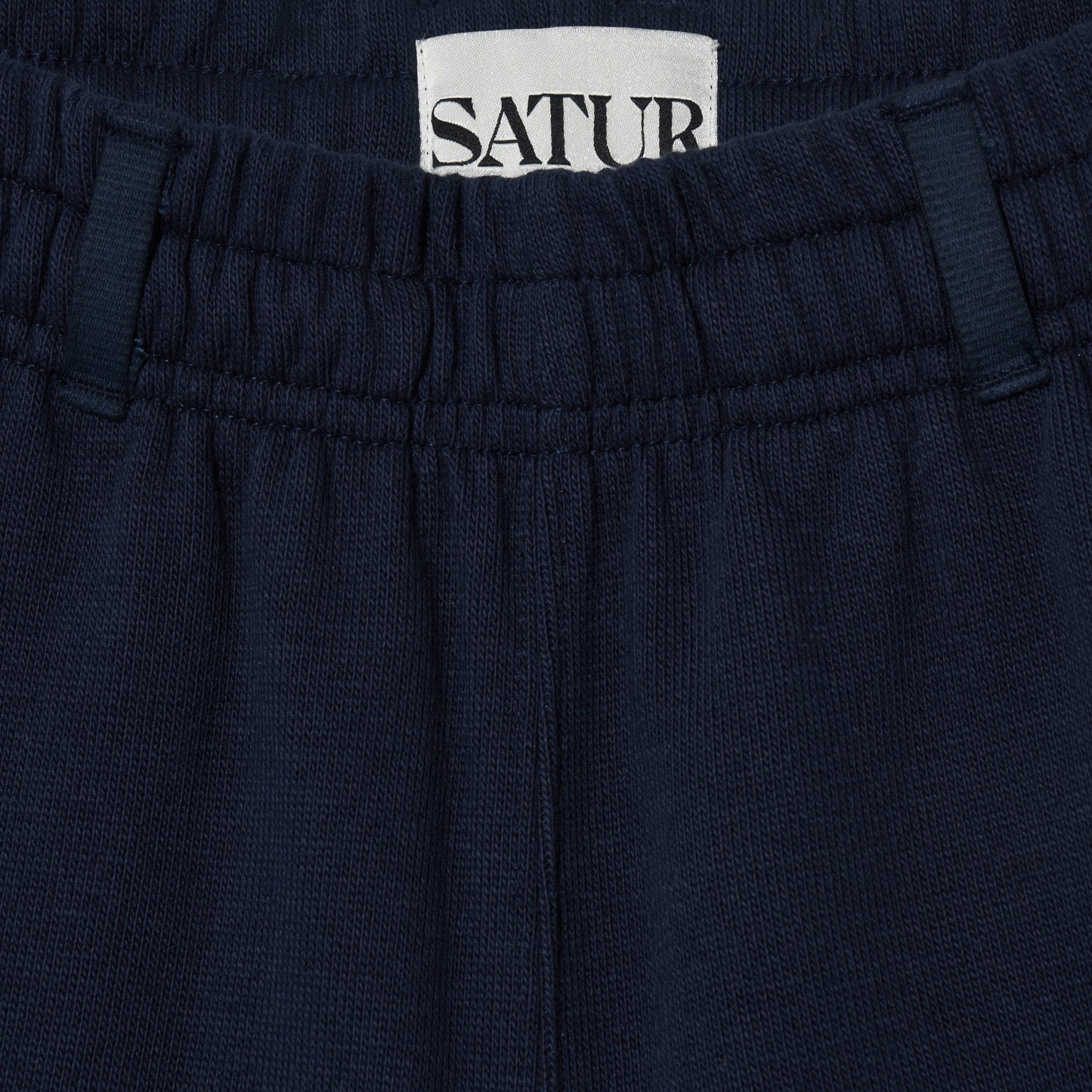 SATUR Lawton All Day Track Shorts Navy womens lightweight shorts elastic waistband side pockets embroidered logo casual apparel