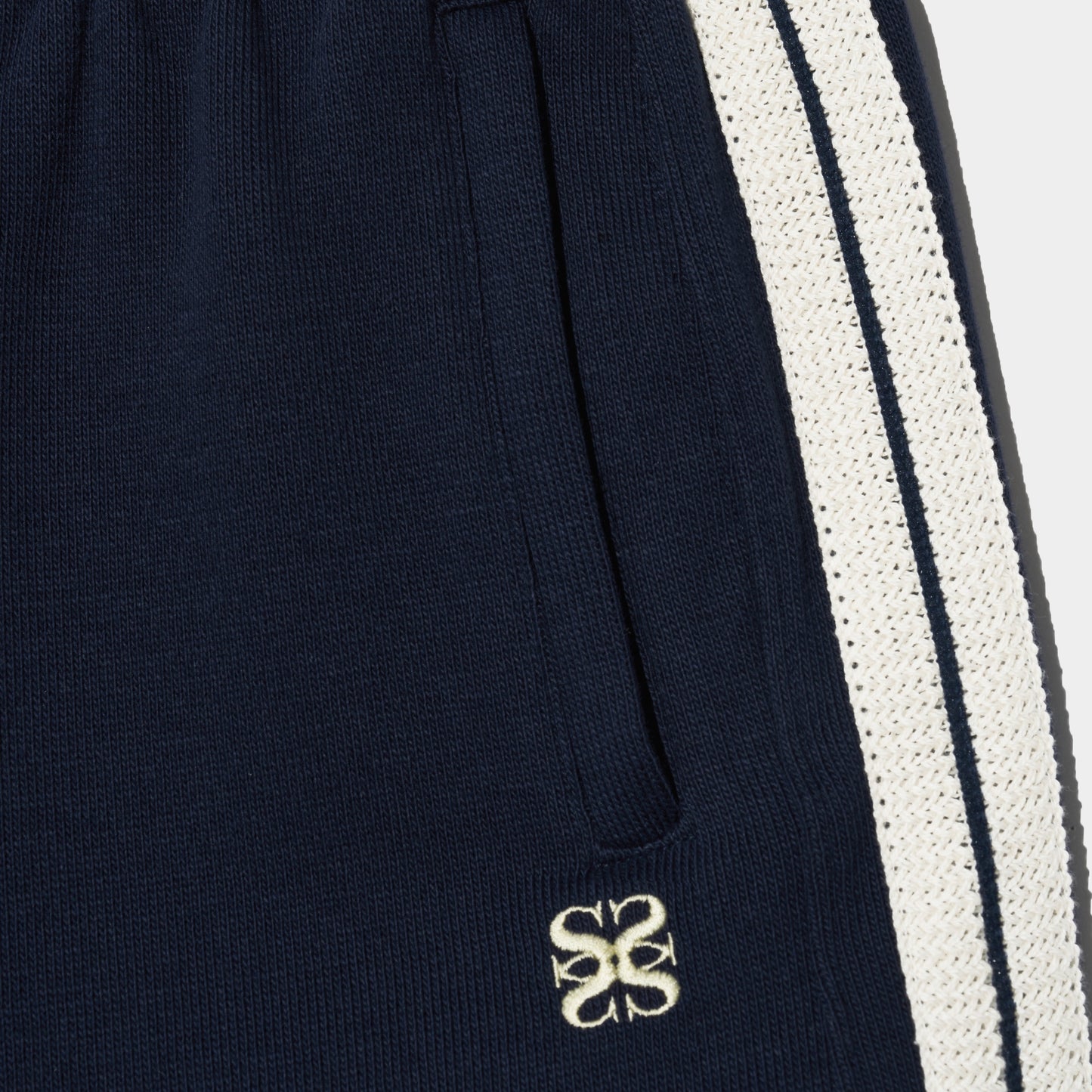SATUR Lawton All Day Track Shorts Navy womens lightweight shorts elastic waistband side pockets embroidered logo casual apparel