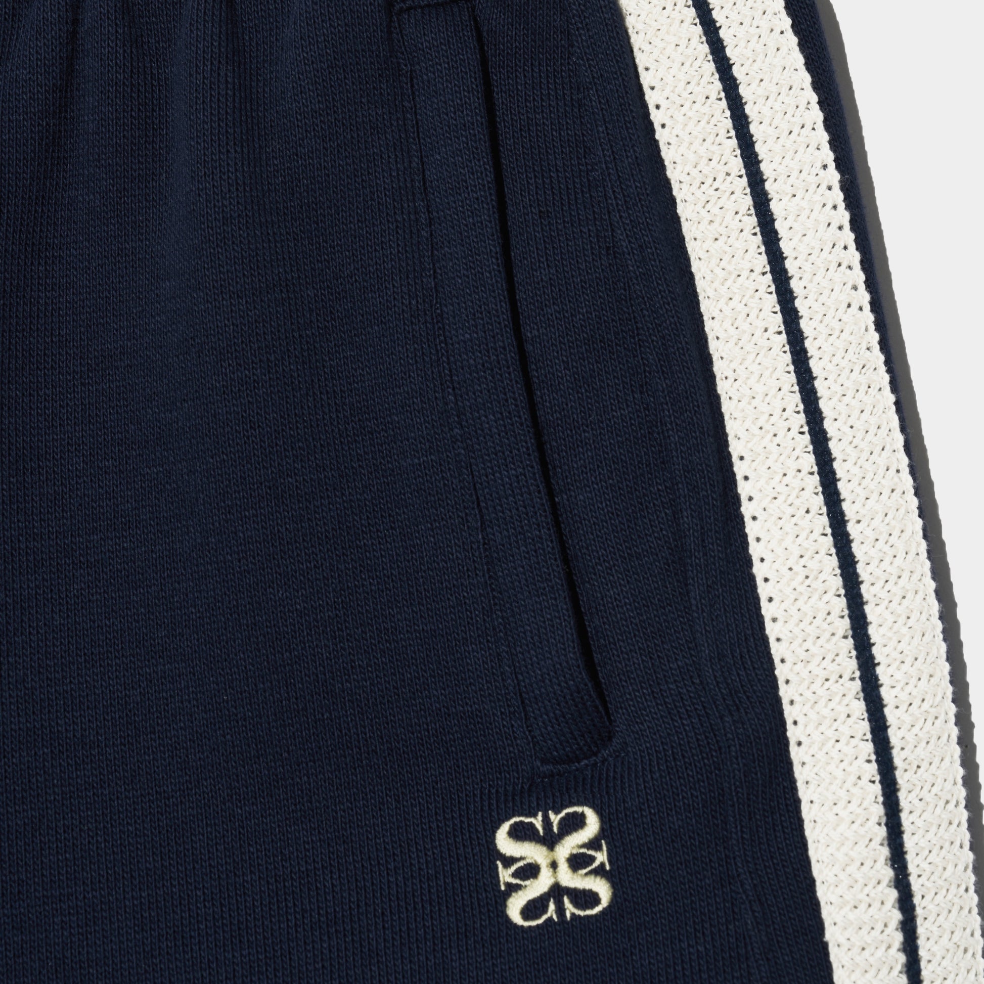 SATUR Lawton All Day Track Shorts Navy womens lightweight shorts elastic waistband side pockets embroidered logo casual apparel