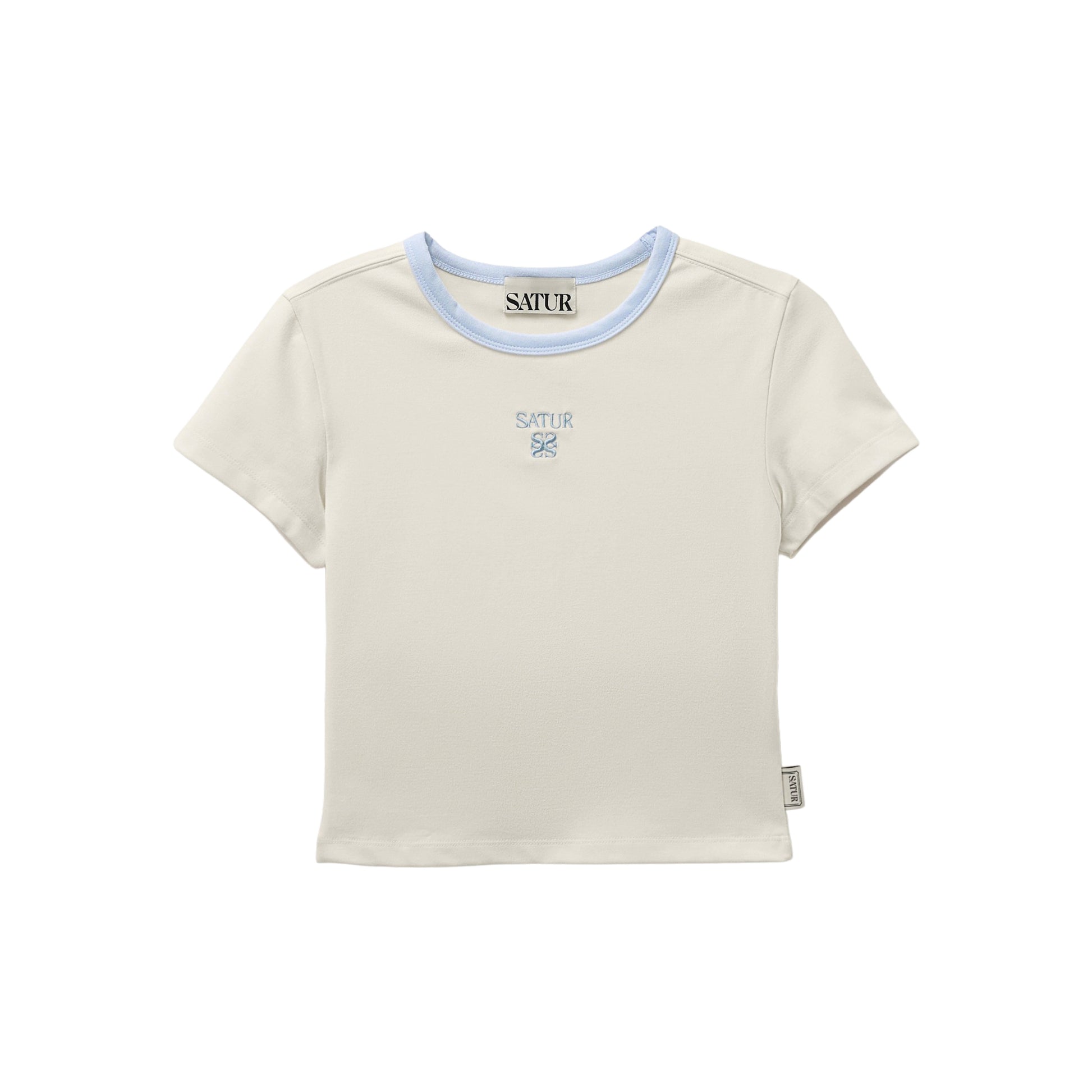 SATUR Apero Slim Cropped Fit Ringer T Shirt Cream womens cotton cropped tee contrast collar embroidered logo casual apparel