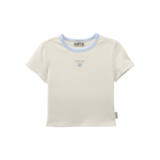SATUR Apero Slim Cropped Fit Ringer T Shirt Cream womens cotton cropped tee contrast collar embroidered logo casual apparel