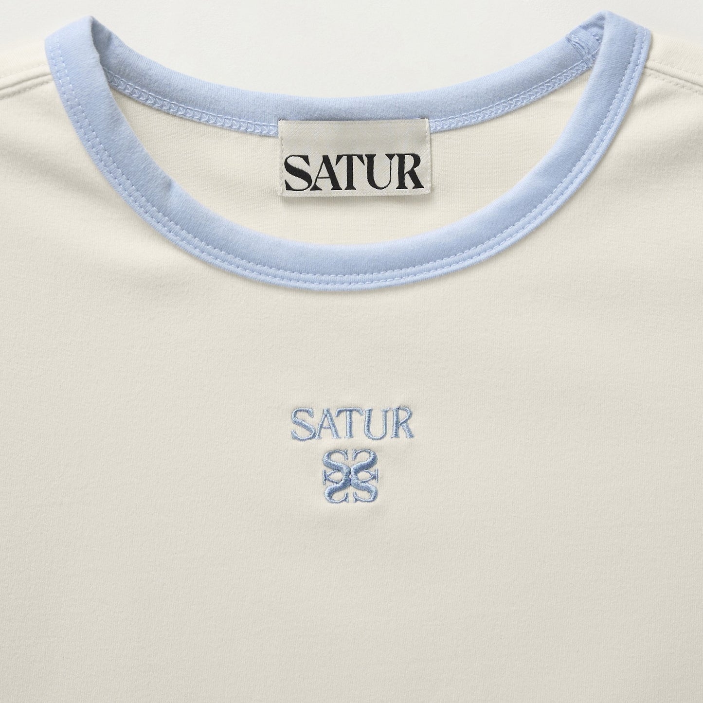 SATUR Apero Slim Cropped Fit Ringer T Shirt Cream womens cotton cropped tee contrast collar embroidered logo casual apparel