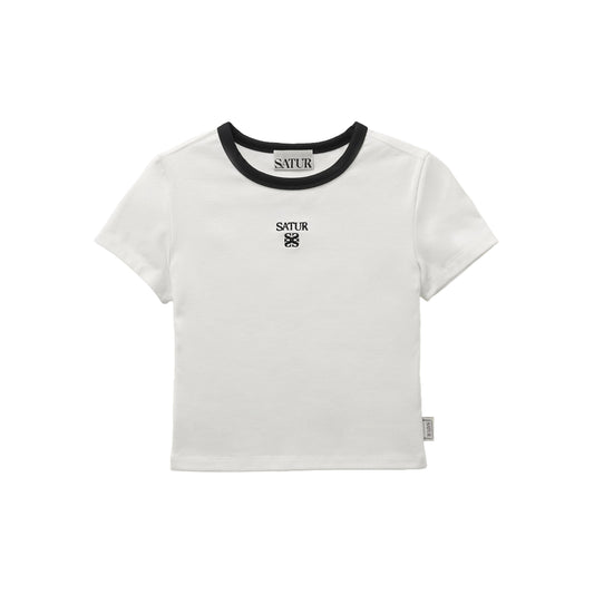 SATUR Apero Slim Cropped Fit Ringer T Shirt White womens cotton cropped tee contrast collar embroidered logo casual apparel