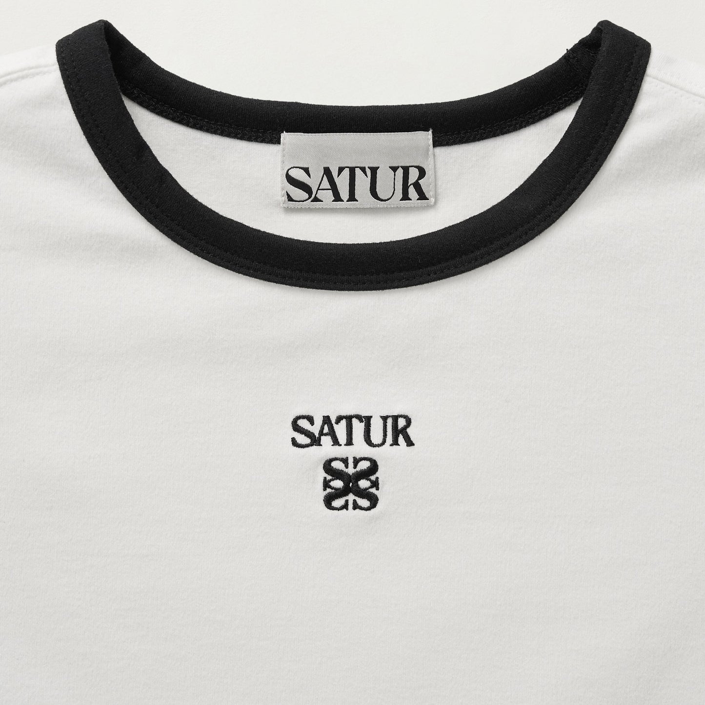 SATUR Apero Slim Cropped Fit Ringer T Shirt White womens cotton cropped tee contrast collar embroidered logo casual apparel