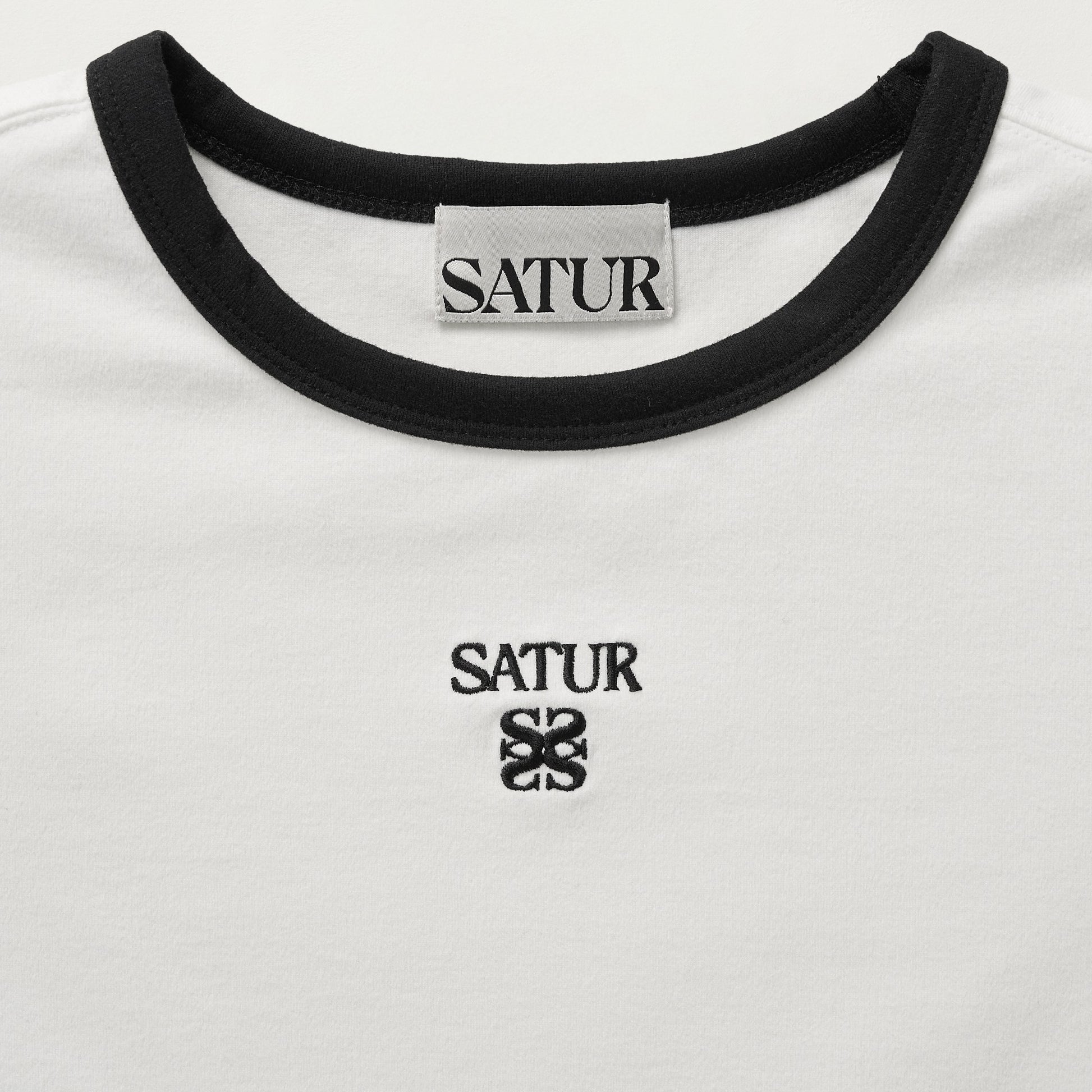 SATUR Apero Slim Cropped Fit Ringer T Shirt White womens cotton cropped tee contrast collar embroidered logo casual apparel