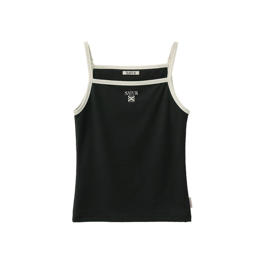 SATUR Apero Logo Solid Sleeveless Black womens sleeveless top contrast trim embroidered logo casual apparel