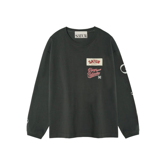 SATUR 90s Playback Long Sleeve Charcoal cotton long sleeve t shirt vintage graphic logo casual apparel