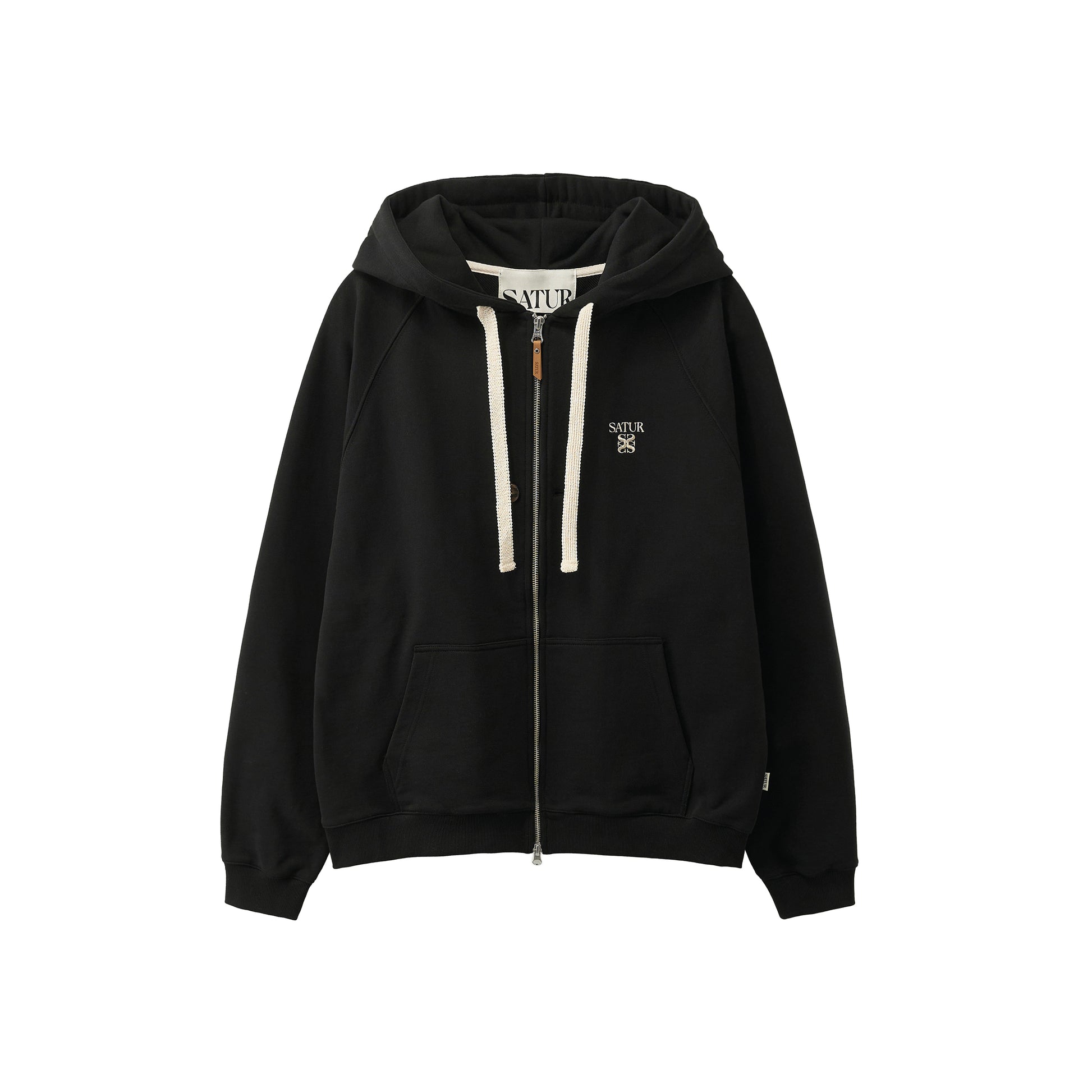 SATUR Loren Small Logo Hood Zip Up Black cotton blend hoodie full zip drawstring hood embroidered logo casual apparel