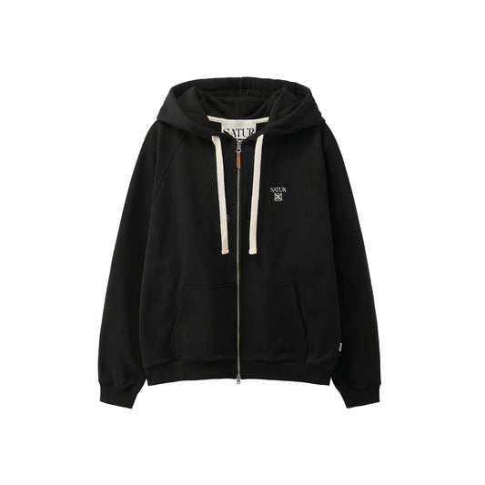 SATUR Loren Small Logo Hood Zip Up Black cotton blend hoodie full zip drawstring hood embroidered logo casual apparel