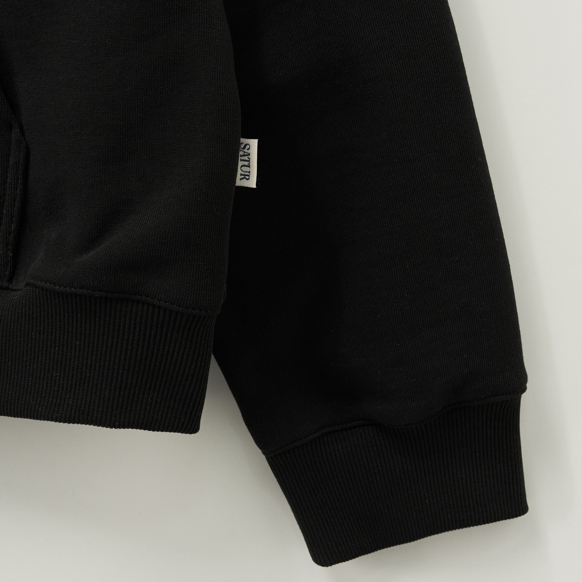 SATUR Loren Small Logo Hood Zip Up Black cotton blend hoodie full zip drawstring hood embroidered logo casual apparel