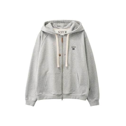 SATUR Loren Small Logo Hood Zip Up Melange Grey cotton blend hoodie full zip drawstring hood embroidered logo casual apparel