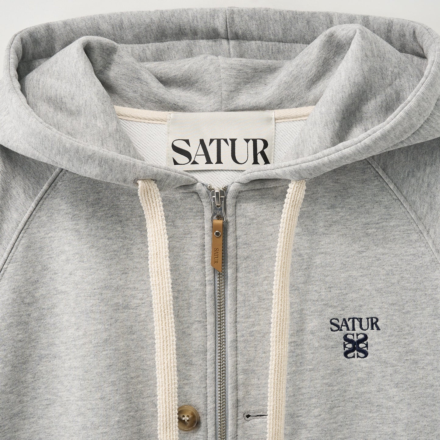 SATUR Loren Small Logo Hood Zip Up Melange Grey cotton blend hoodie full zip drawstring hood embroidered logo casual apparel